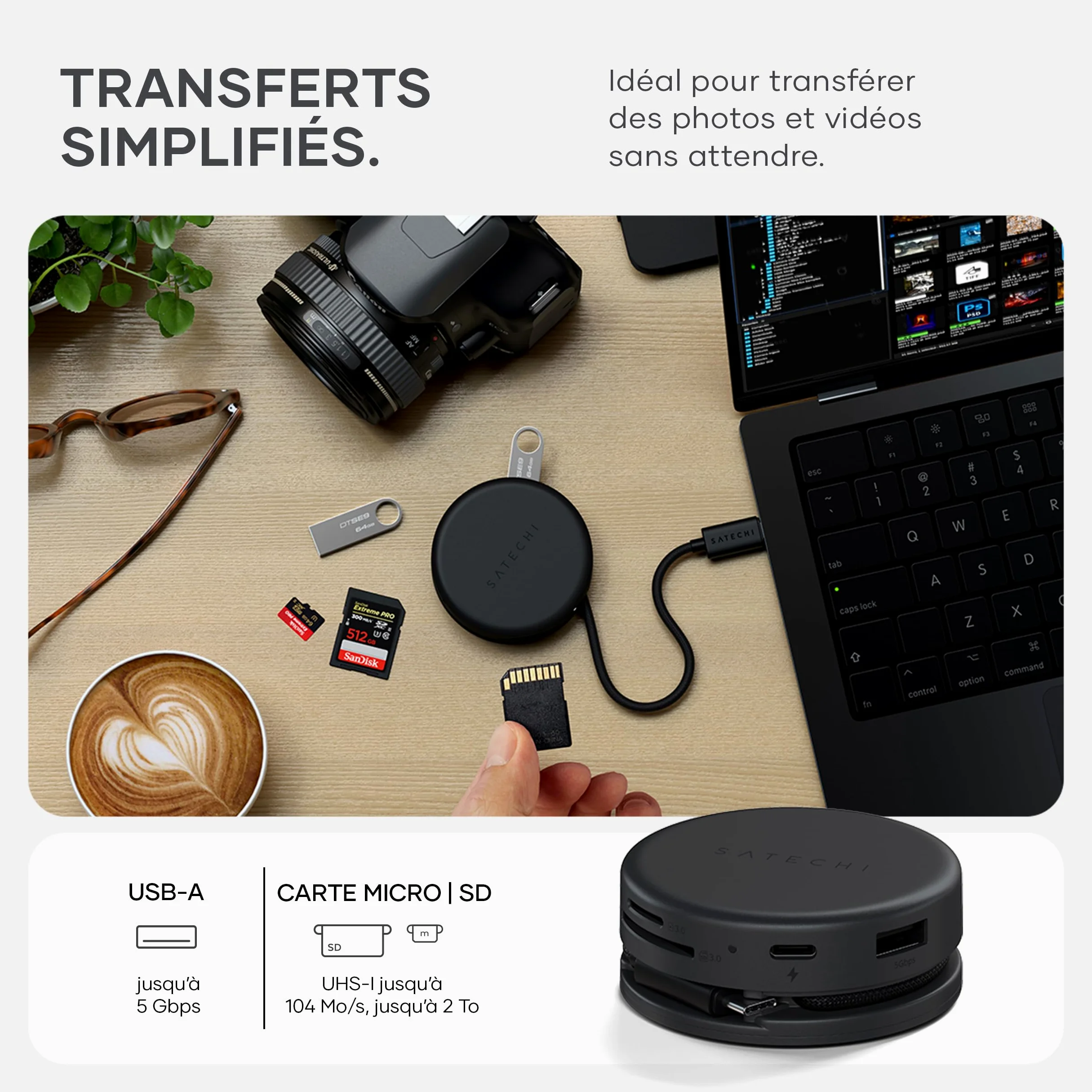 SATECHI 7 en 1 OntheGo Hub USB-C Magnétique, 100W PD, 4K HDMI, Noir | Câble enroulable intégré, fixation magnétique, 4K@60Hz, Ethernet, 2x USB-A 5Gbps, SD/microSD, pour Mac, Windows et plus