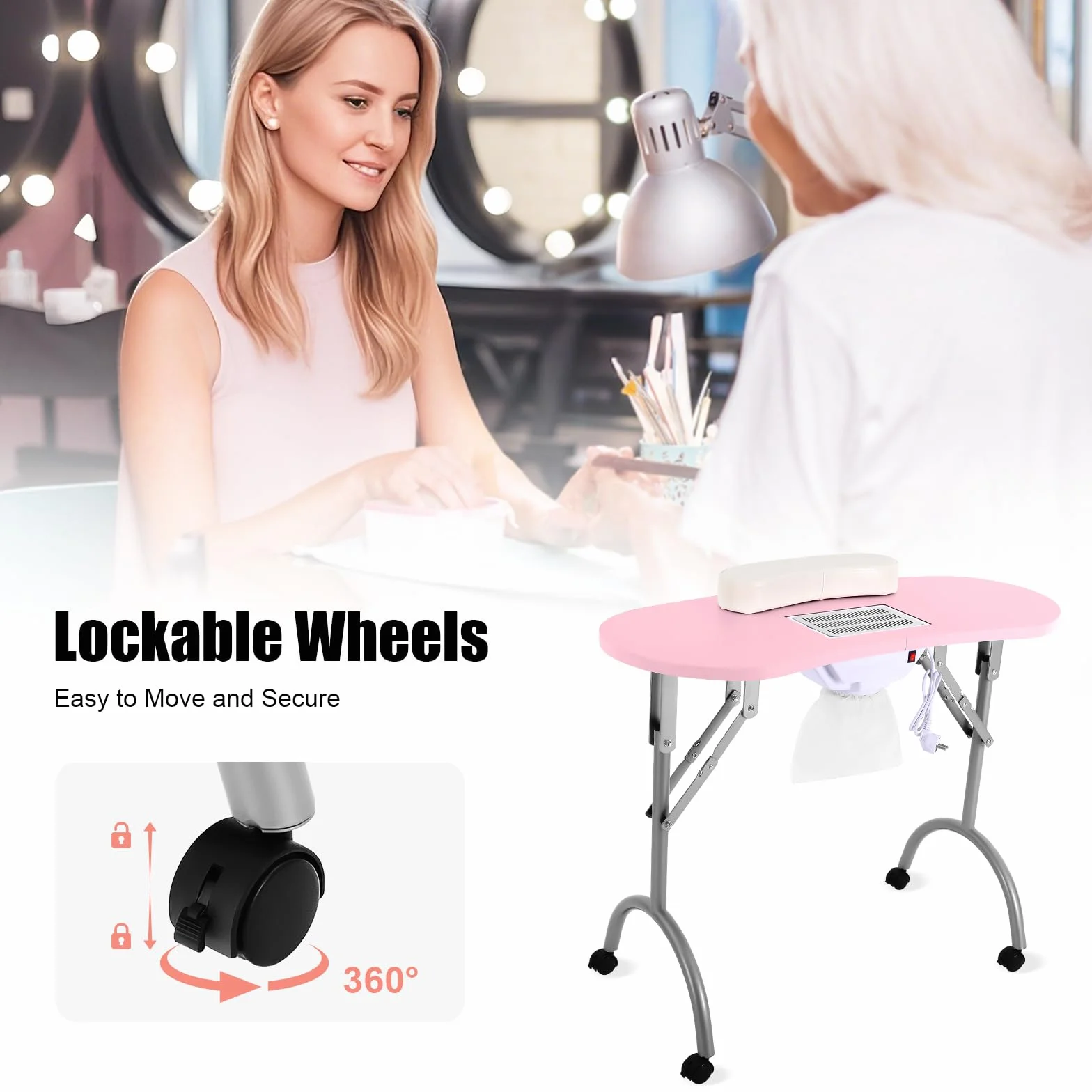 Table de manucure pliable avec roulettes, aspirateur et repose-poignet - Rose