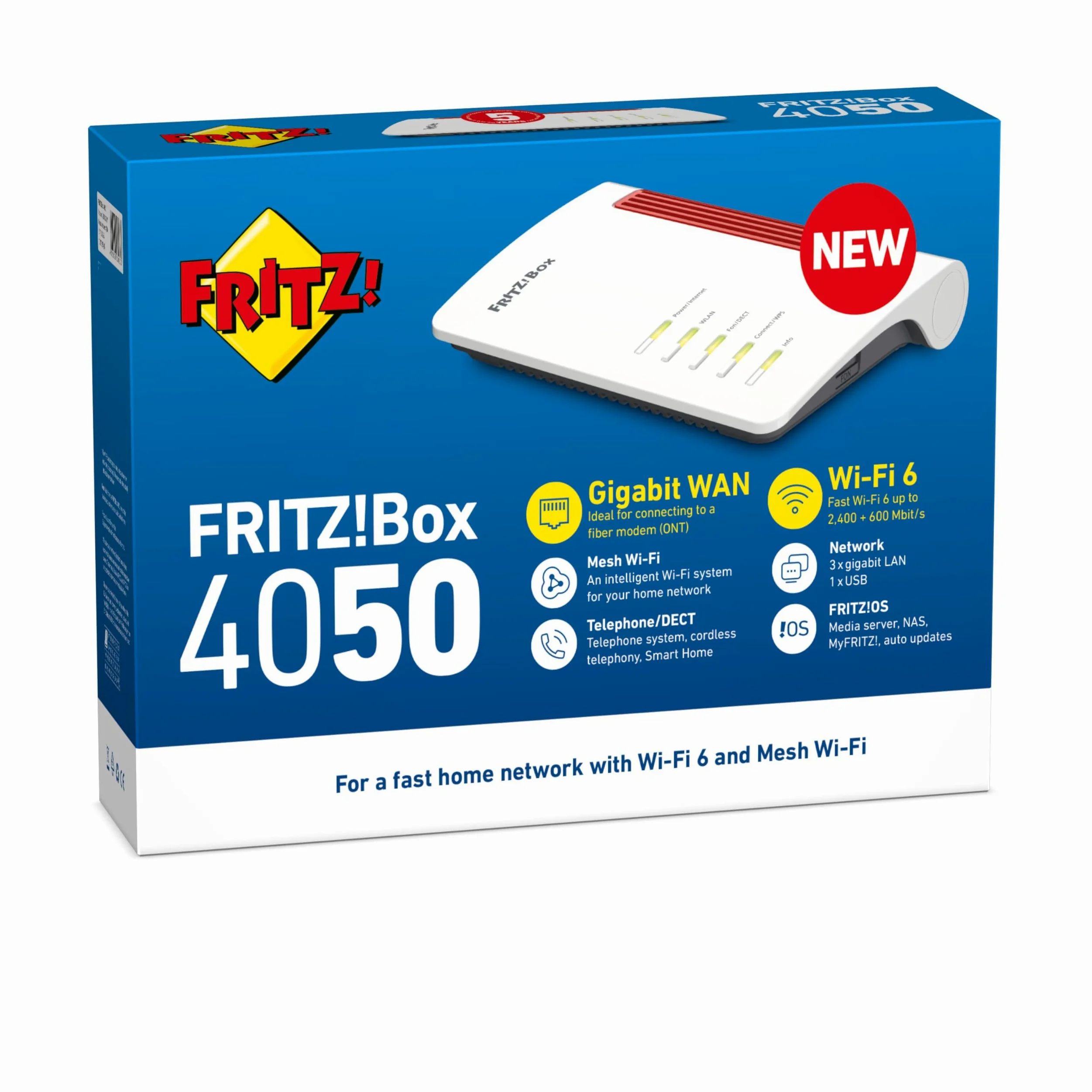 Fritz!Box 4050 | Routeur Mesh Wi-FI 6 |Wi-FI jusqu'à 3000 Mbit/s | 1 Port WAN Gigabit pour Connexion Internet sur Le Modem | 3 Ports LAN Gigabit | Base DECT | USB 2.0 | Version Internationale | Wi-Fi bi-bande (2,4/5 GHz), pour connexion à un modem fibre,
