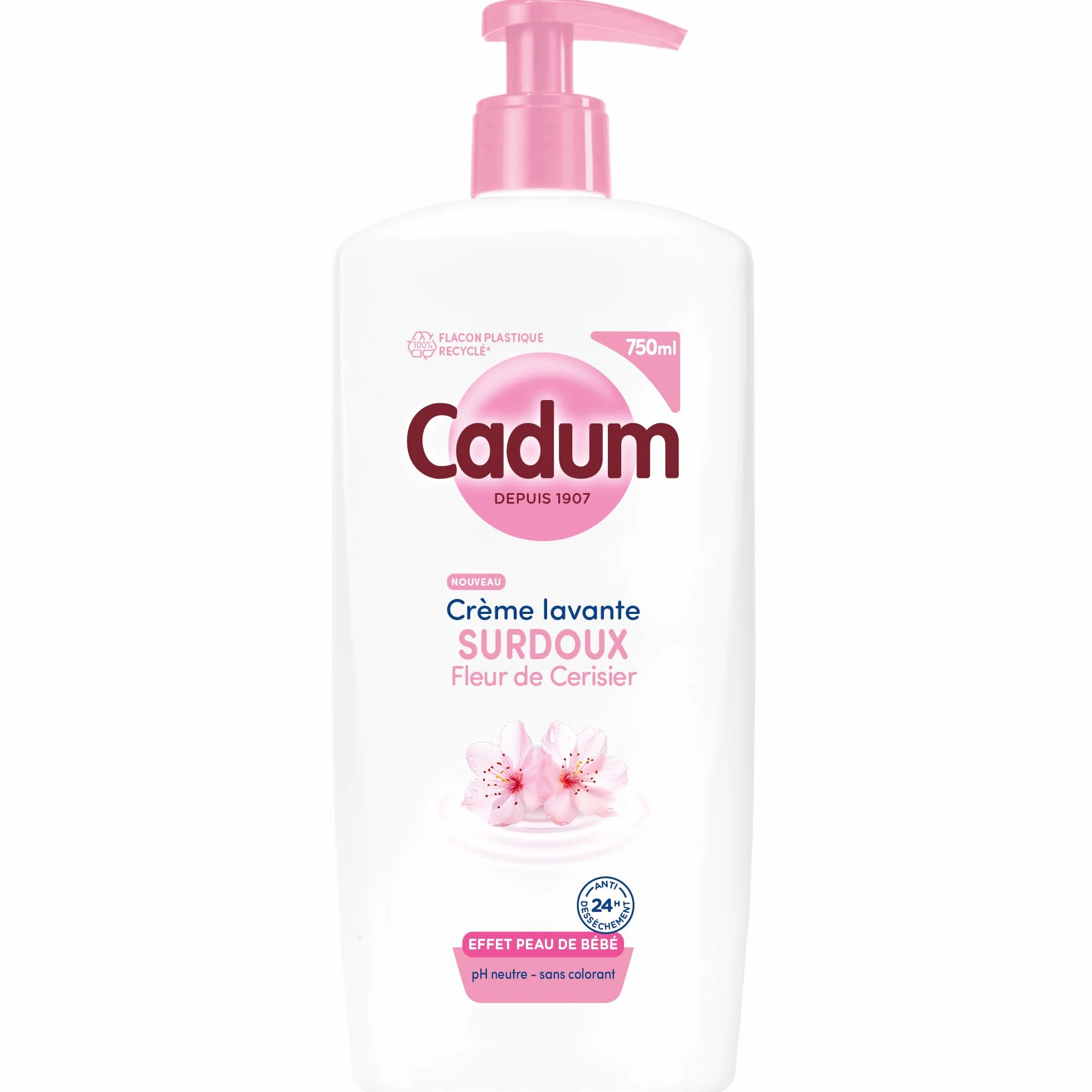 Cadum Crème Lavante Fleur de Cerisier & Huile d'Amande Douce Bio - 24h Anti-Dessèchement - pH Neutre Sans Savon - 100% Recyclé