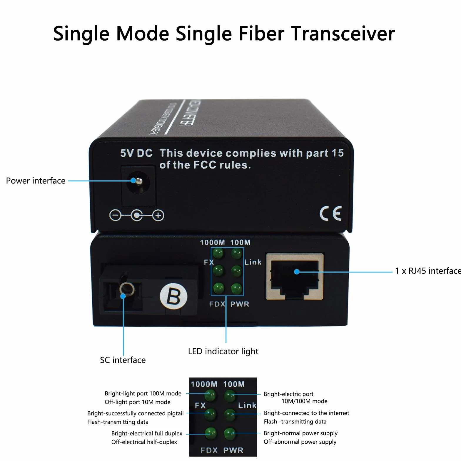 Convertisseur de Média Ethernet Gigabit Émetteur-récepteur Fibre Optique Convertisseur de Fibre Optique 10/100/1000 Mbits/s avec RJ45 Simple, Port SC, Alimentation Externe 5V, Paquet de 2