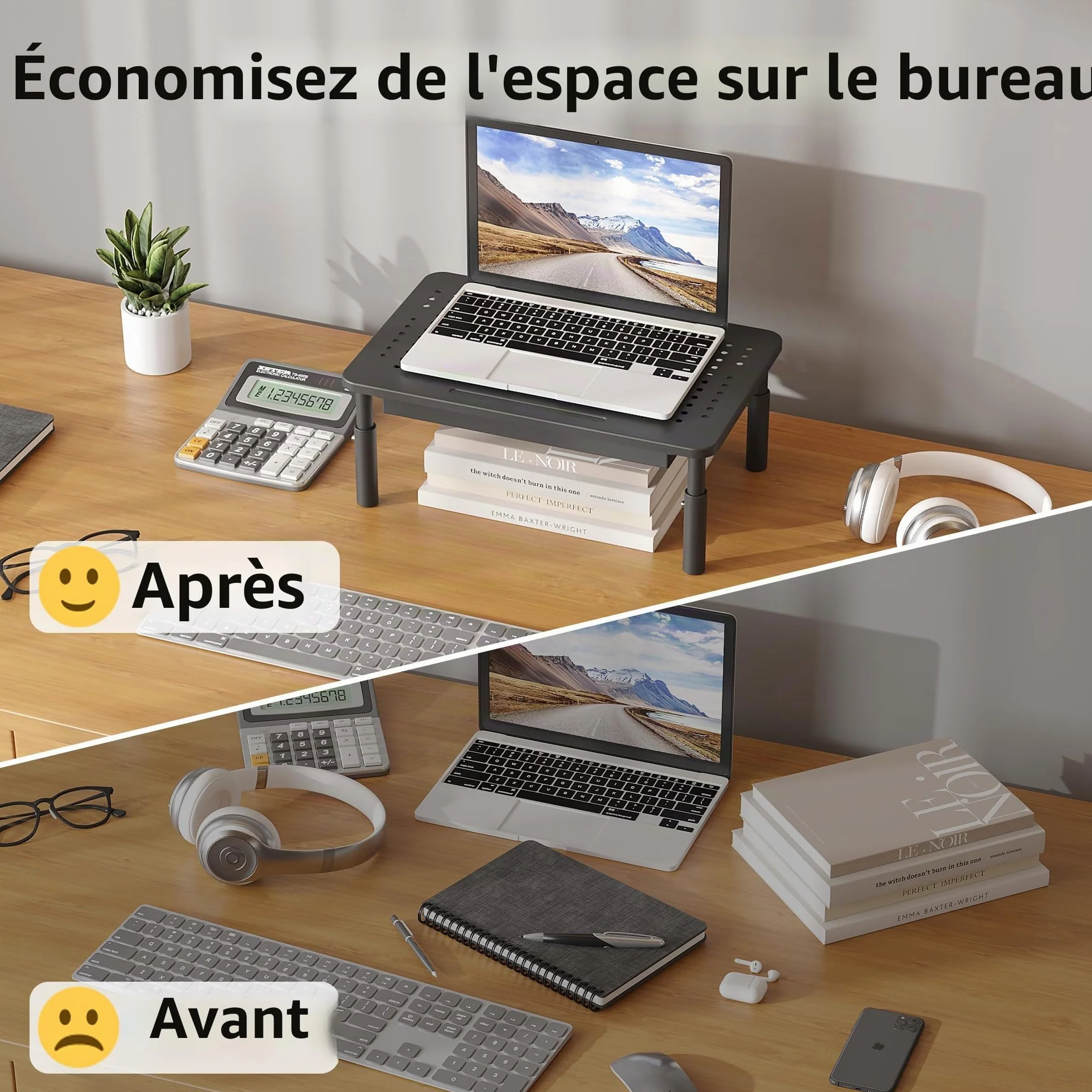 BONTEC Support Moniteur avec Tiroir, 3 Hauteurs Réglables, Rehausseur Ecran Bureau, Plate-Forme Maille 20 kg