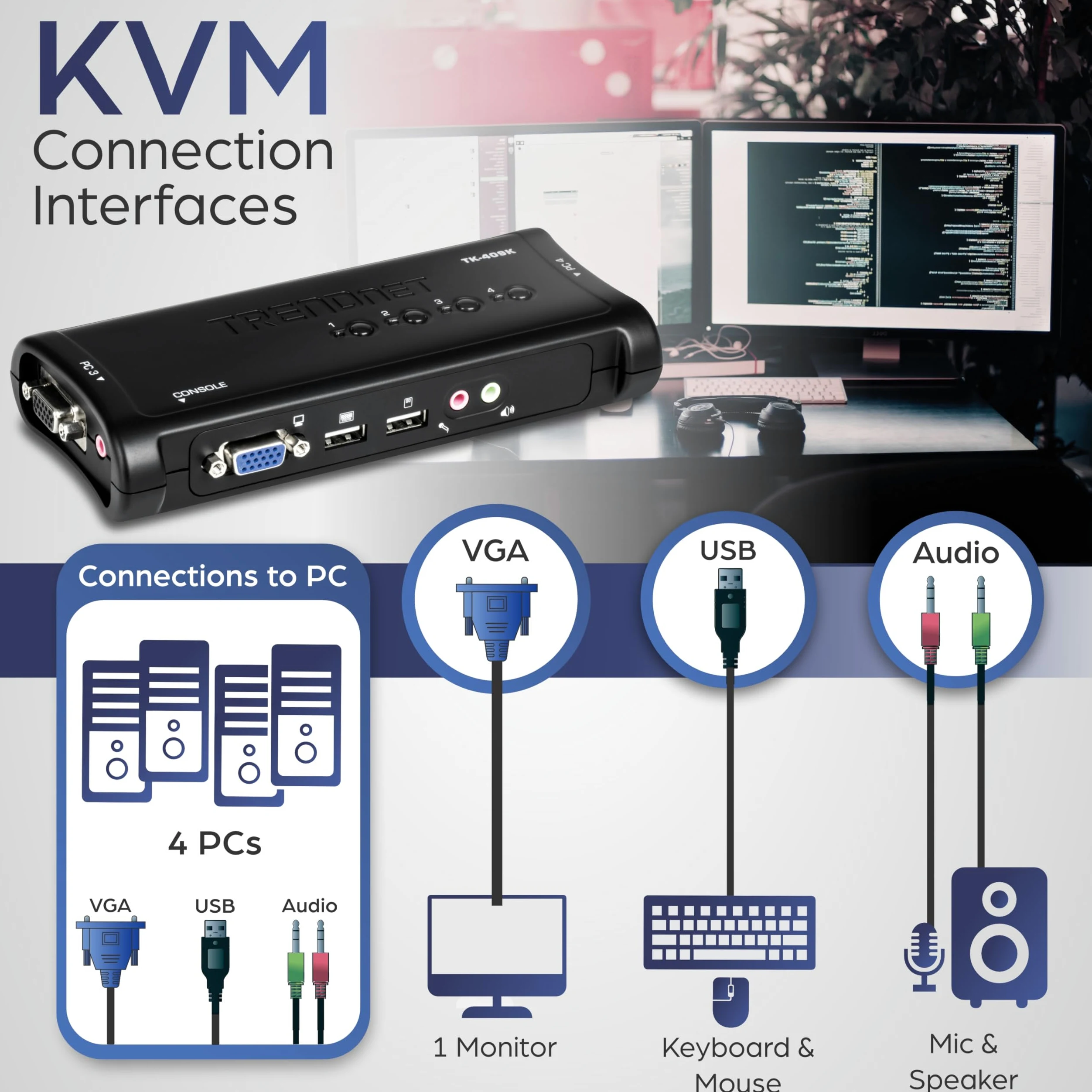 TRENDnet, TK-409K, Commutateur KVM USB 4 ports avec audio, contrôle jusqu'à 4 ordinateurs, résolution VGA 2048 x 1526, Plug and Play, alimentation USB, câbles KVM inclus, noir