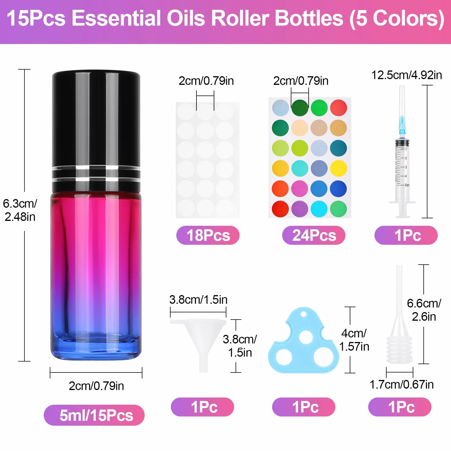 Flacon Roll on Vide 5ml Gradient Verre avec Bille Acier Inoxydable Stickers Parfums Aromathérapie Massage Voyage 15 Pièces