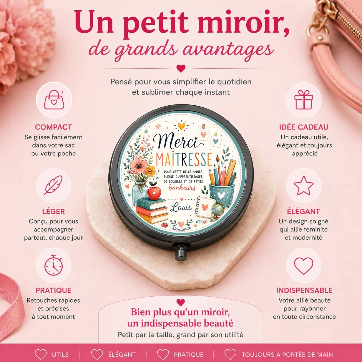 Miroir de Poche Personnalisé Prénom – Cadeau Maîtresse Fin d'Année Scolaire – Miroir Compact Femme