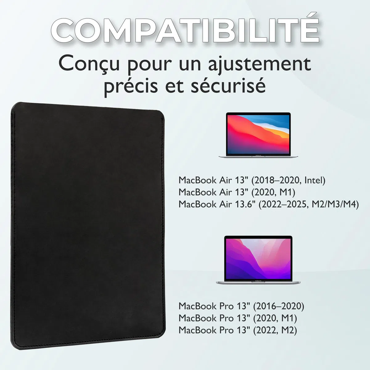 Housse en Cuir pour MacBook Air 13 Pouces (2018, 2019, 2020 - Intel, M1 / 2022, 2024, 2025 - M2, M3, M4) et pour MacBook Pro 13" (2016, 2017, 2018, 2019, 2020 - Intel, M1 / 2022 - M2) (Noir)