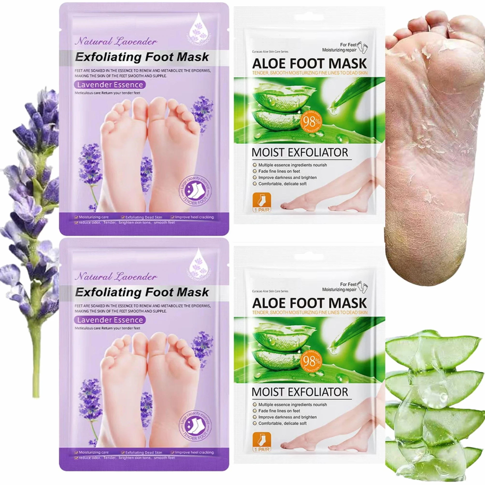 Masque Pied Hydratant Exfoliant Nourrissant 4 Paires Aloe Vera Lavande Soin Callosités Crevasses Pieds Secs