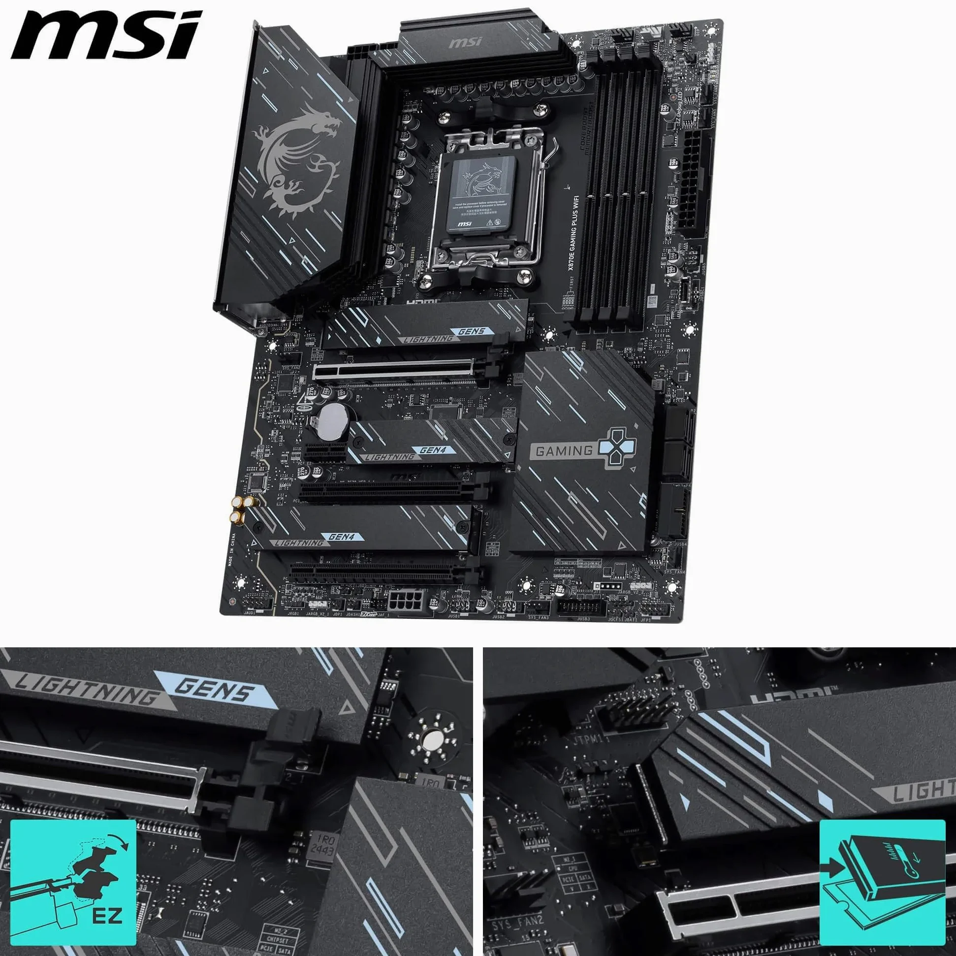 MSI X870E Gaming Plus Carte mère WiFi, ATX - Prend en charge les processeurs AMD Ryzen 9000/8000/7000, AM5-60A SPS VRM, DDR5 Memory Boost 8200+ MT/s (OC), PCIe 5.0 x16 & 4.0 x4, M.2 Gen5, Wi-Fi 7, 5G