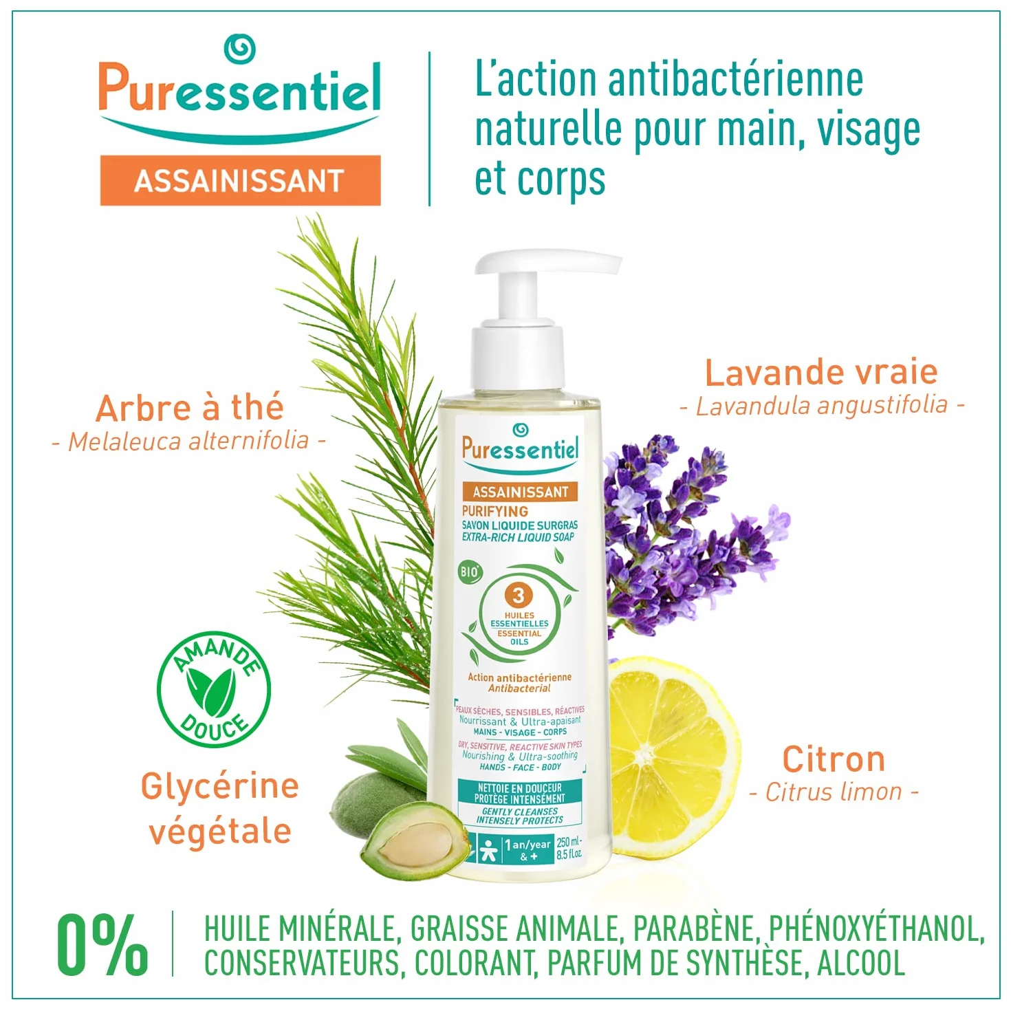 Puressentiel Savon Liquide Surgras BIO aux 3 Huiles Essentielles Antibactérien Visage Mains Corps Peaux Sèches 250ml