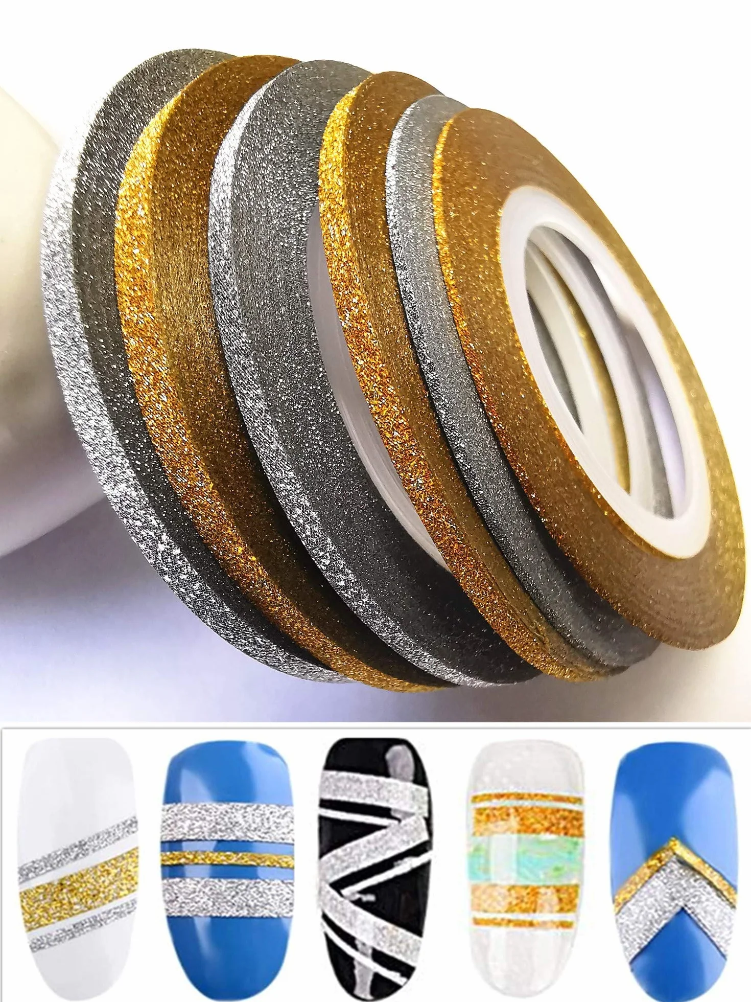 Lot de 6 rouleaux ruban adhésif paillettes dorées argentées nail art 1 mm 2 mm 3 mm