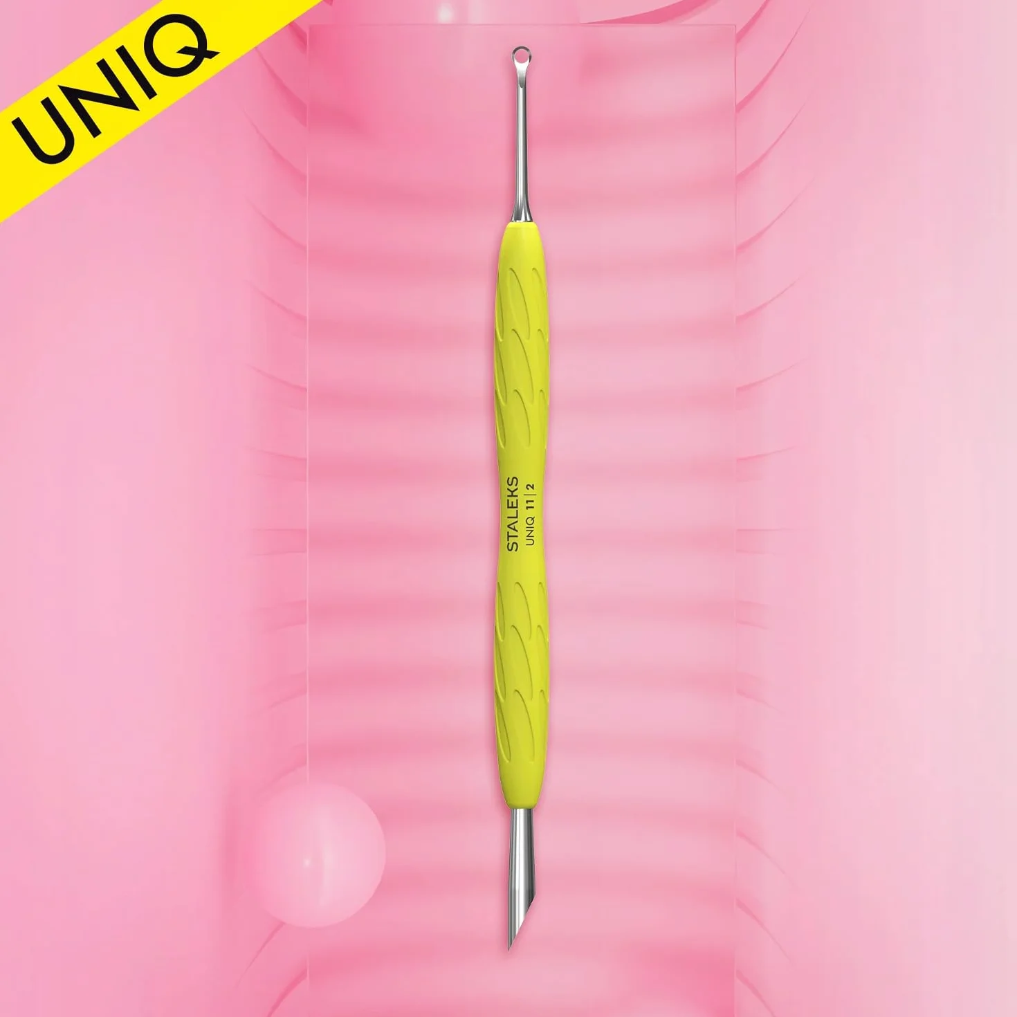 Staleks UNIQ PQ-11/2Y poussoir cuticules double professionnel manche silicone jaune acier inoxydable stérilisable