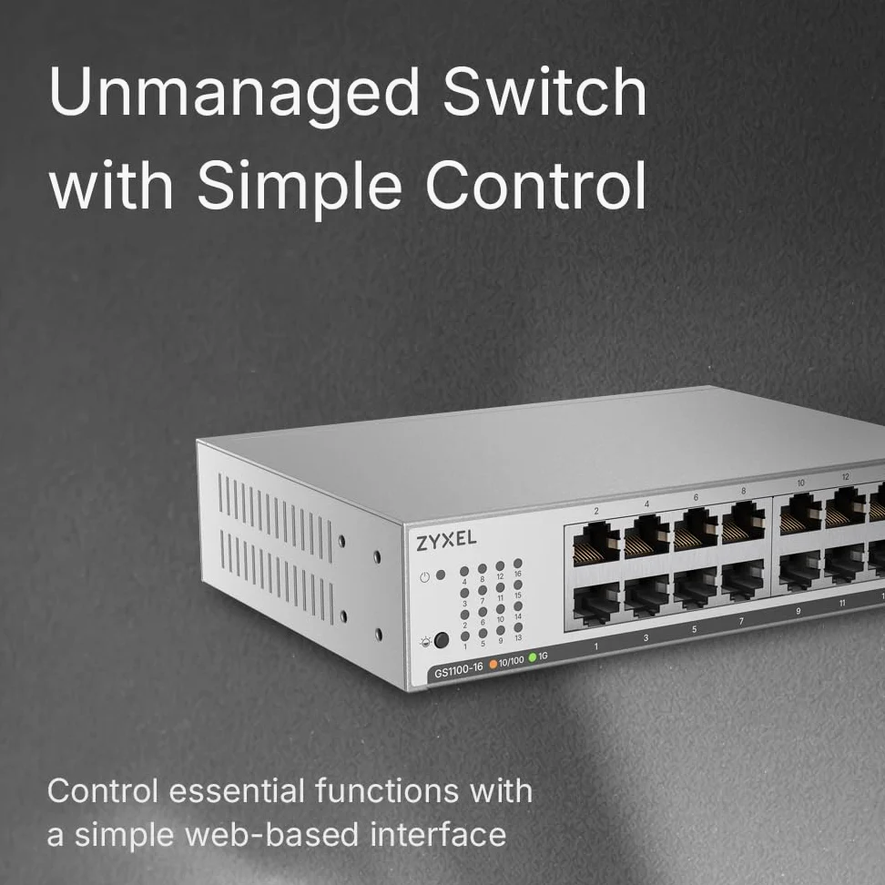 Zyxel Switch réseau 16 Ports | Switch Gigabit Unmanaged Plus | 16x GbE Ports | VLAN | Prévention de la Boucle | Montage sur Bureau, Mural ou Rack | GS1100-16 | 16x Ports GbE, Sans Ventilateur, Kit Mural Inclus, Support Auto MDI/MDI-X, VLAN, Prévention de