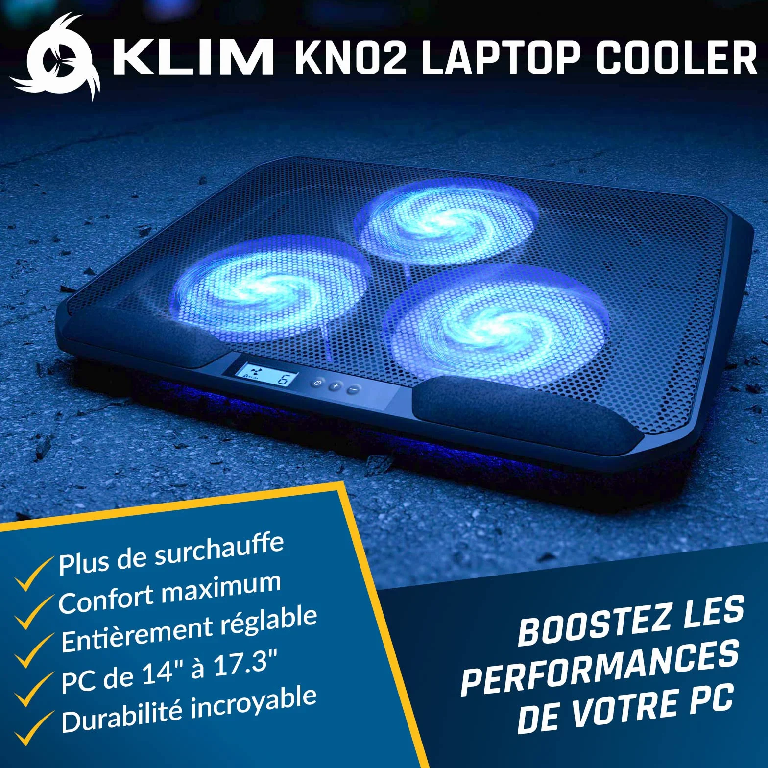 KLIM KN02 Refroidisseur PC Portable 11-17,3 Pouces 3 Ventilateurs 1500 RPM Support + Grille métallique