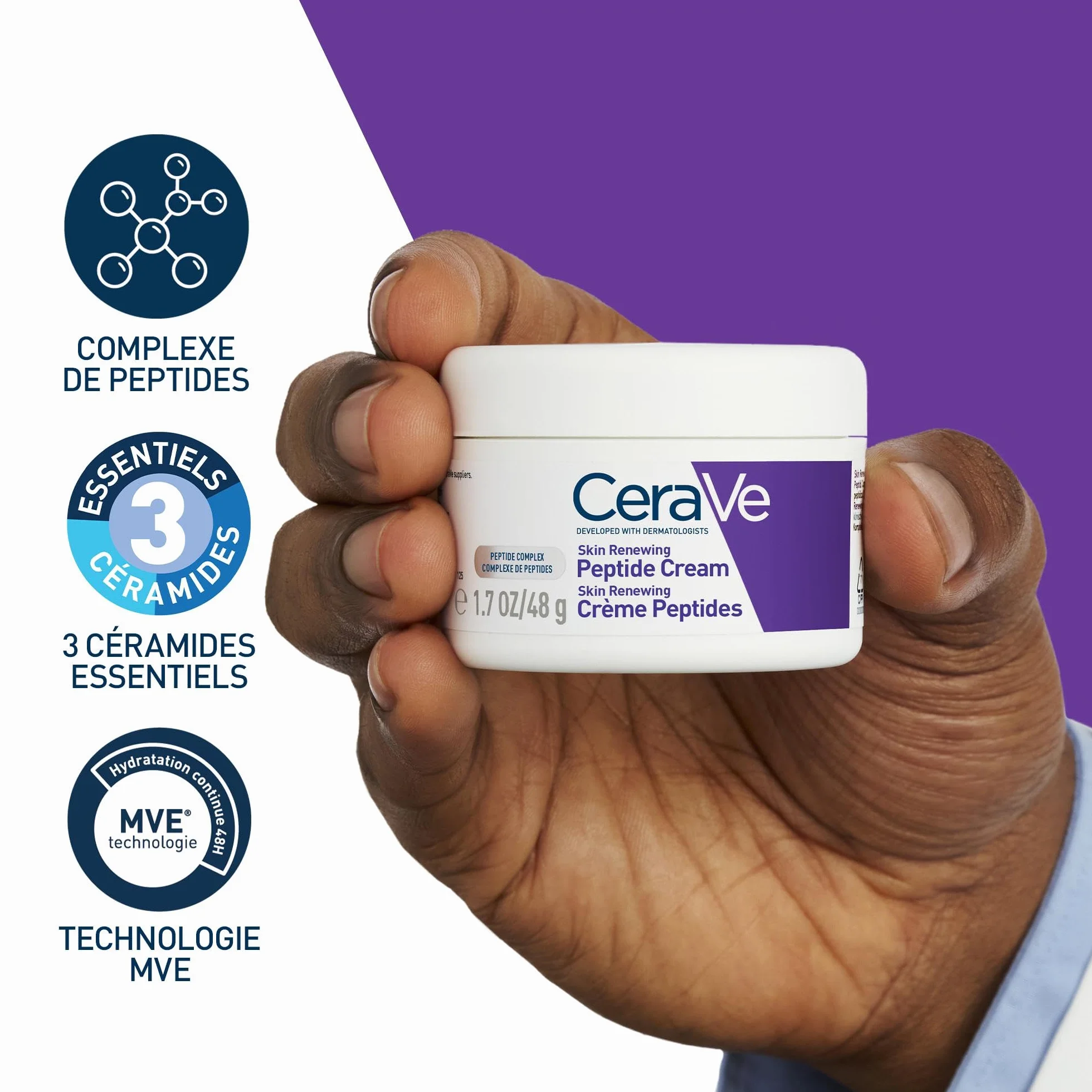 CeraVe Crème Peptides Anti-rides Skin Renewing Crème Nuit Raffermissante Visage Peptides Niacinamide 3 Céramides Peaux Sensibles 48g