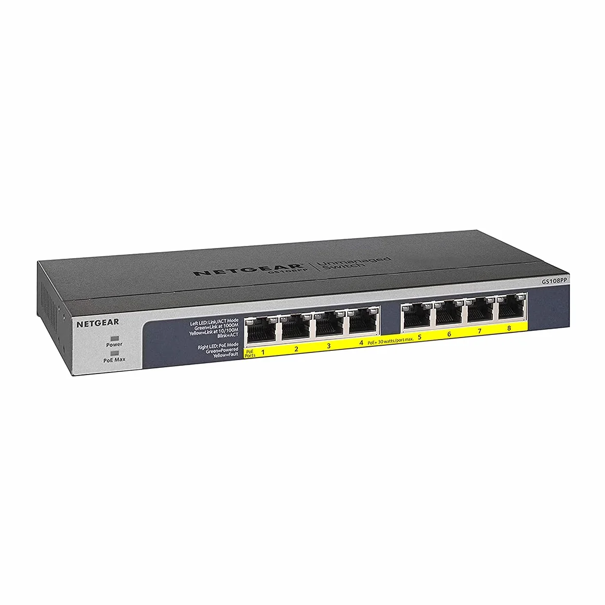 NETGEAR GS108PP Switch Ethernet PoE+ 8 Ports RJ45 Métal Gigabit 10/100/1000 123W Bureau Mur Rackable
