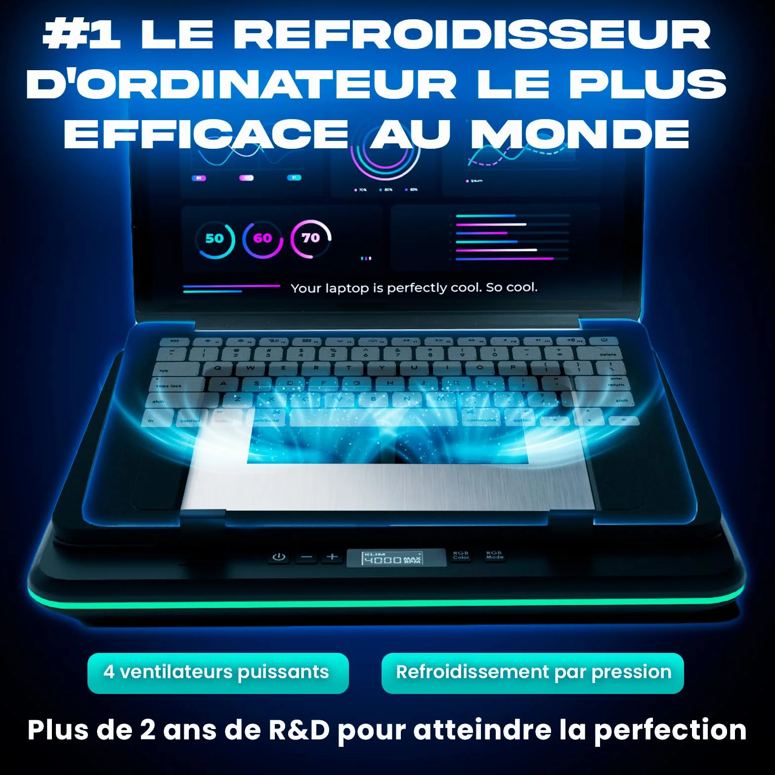 KLIM Turbofrost Refroidisseur PC Portable 4 Turbo Ventilateurs 4000 RPM RGB Dynamique USB-C/DC 14-17 Pouces Gris