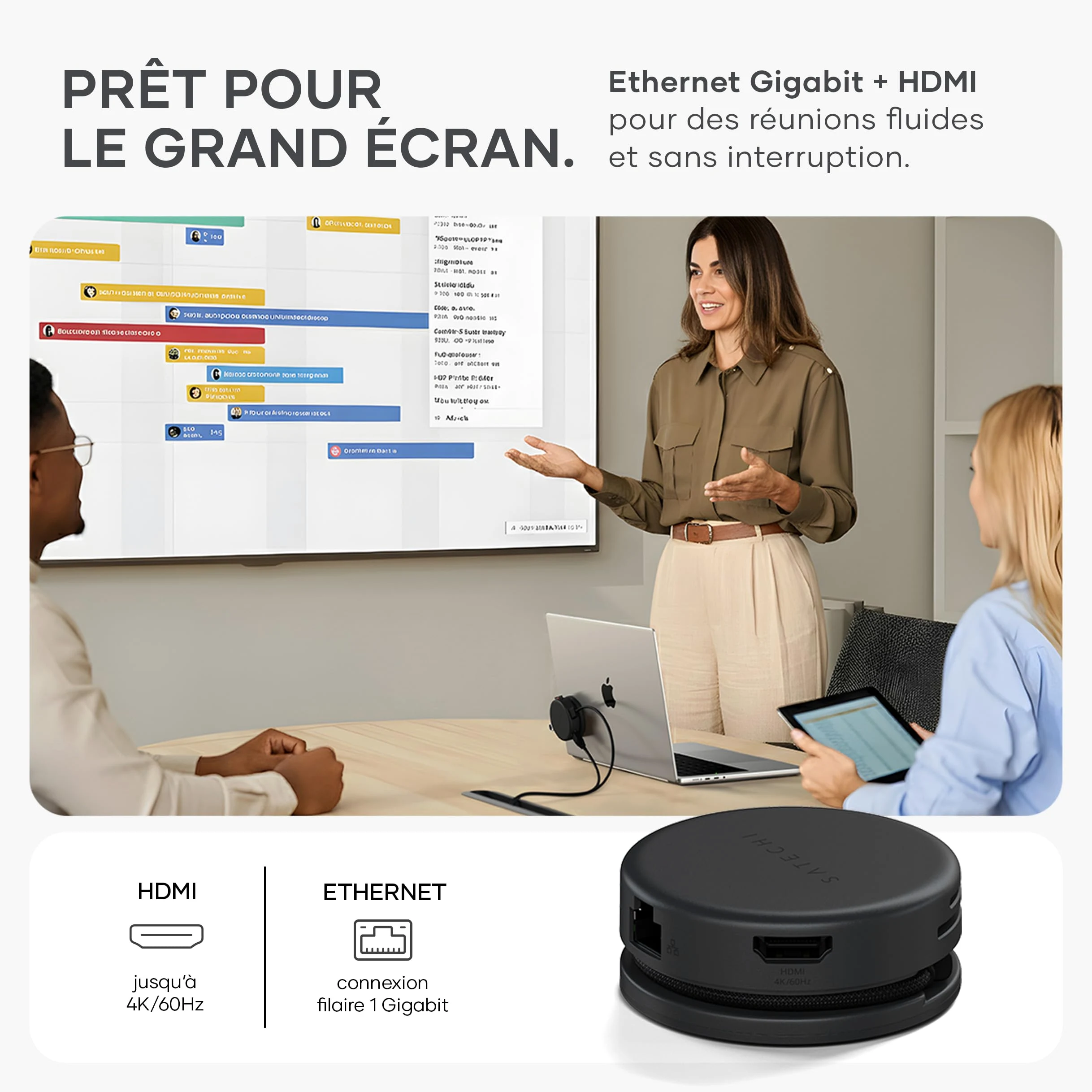 SATECHI 7 en 1 OntheGo Hub USB-C Magnétique, 100W PD, 4K HDMI, Noir | Câble enroulable intégré, fixation magnétique, 4K@60Hz, Ethernet, 2x USB-A 5Gbps, SD/microSD, pour Mac, Windows et plus