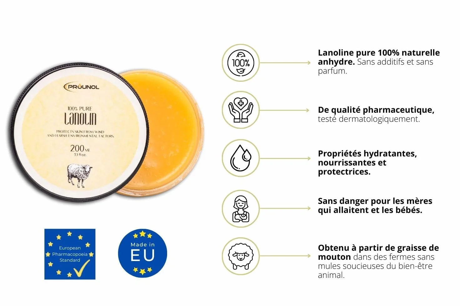 Prounol Lanoline Pure 200ml Crème Peaux Très Sèches