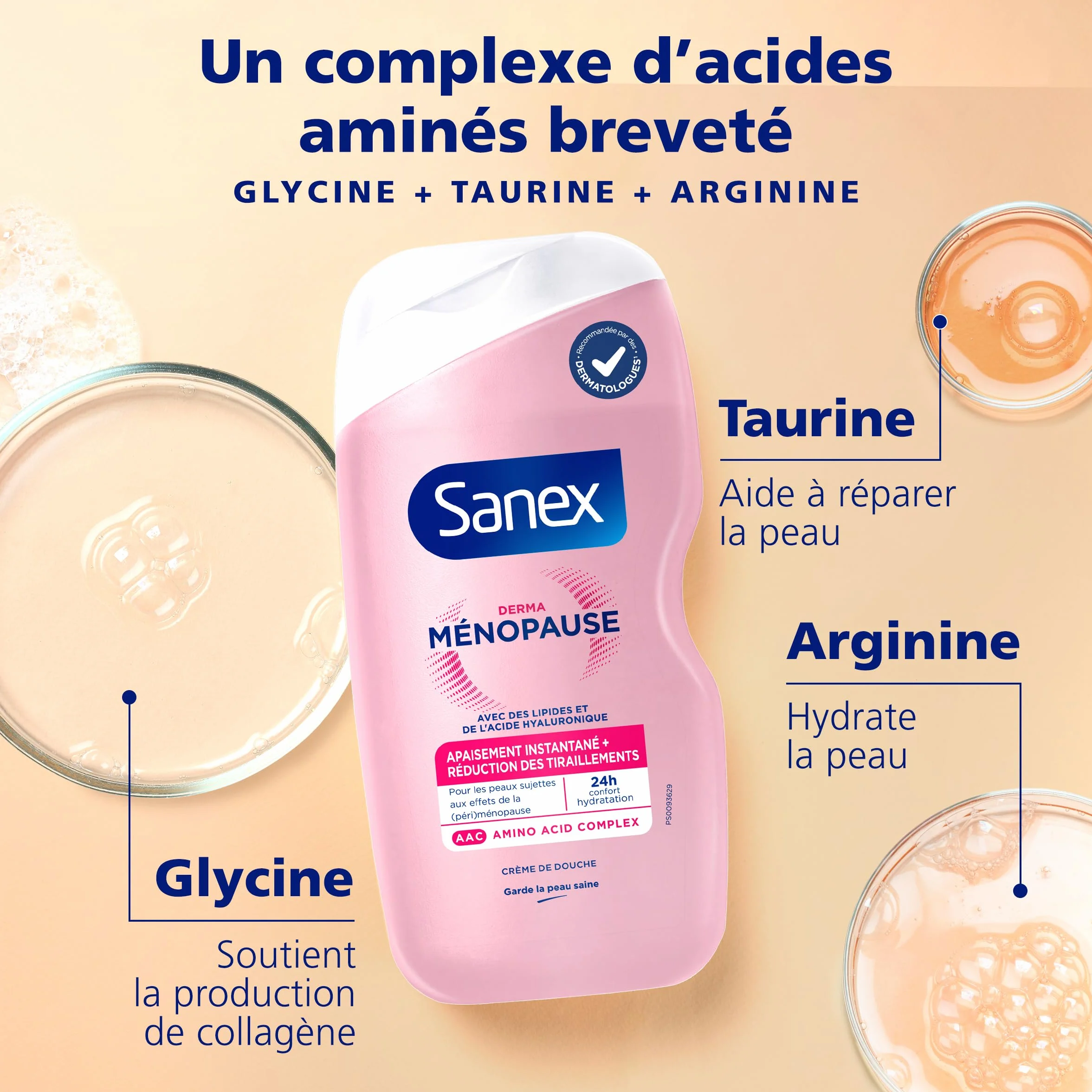SANEX Crème de Douche Derma Ménopause Gel Douche Peaux Périménopause Ménopause Hydratation 24h Réduction Tiraillements Lipides Acide Hyaluronique 425ml