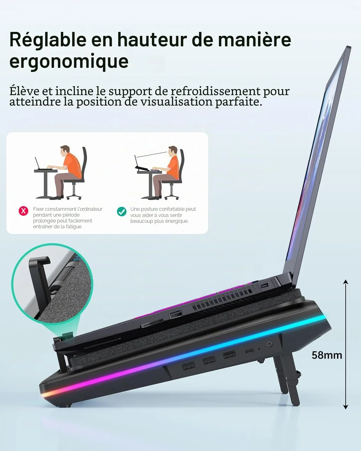 Refroidisseur Ordinateur Portable RGB 14cm Turbo Ventilateur Vitesse réglable Mousse d'étanchéité 3 Ports USB 38-48cm
