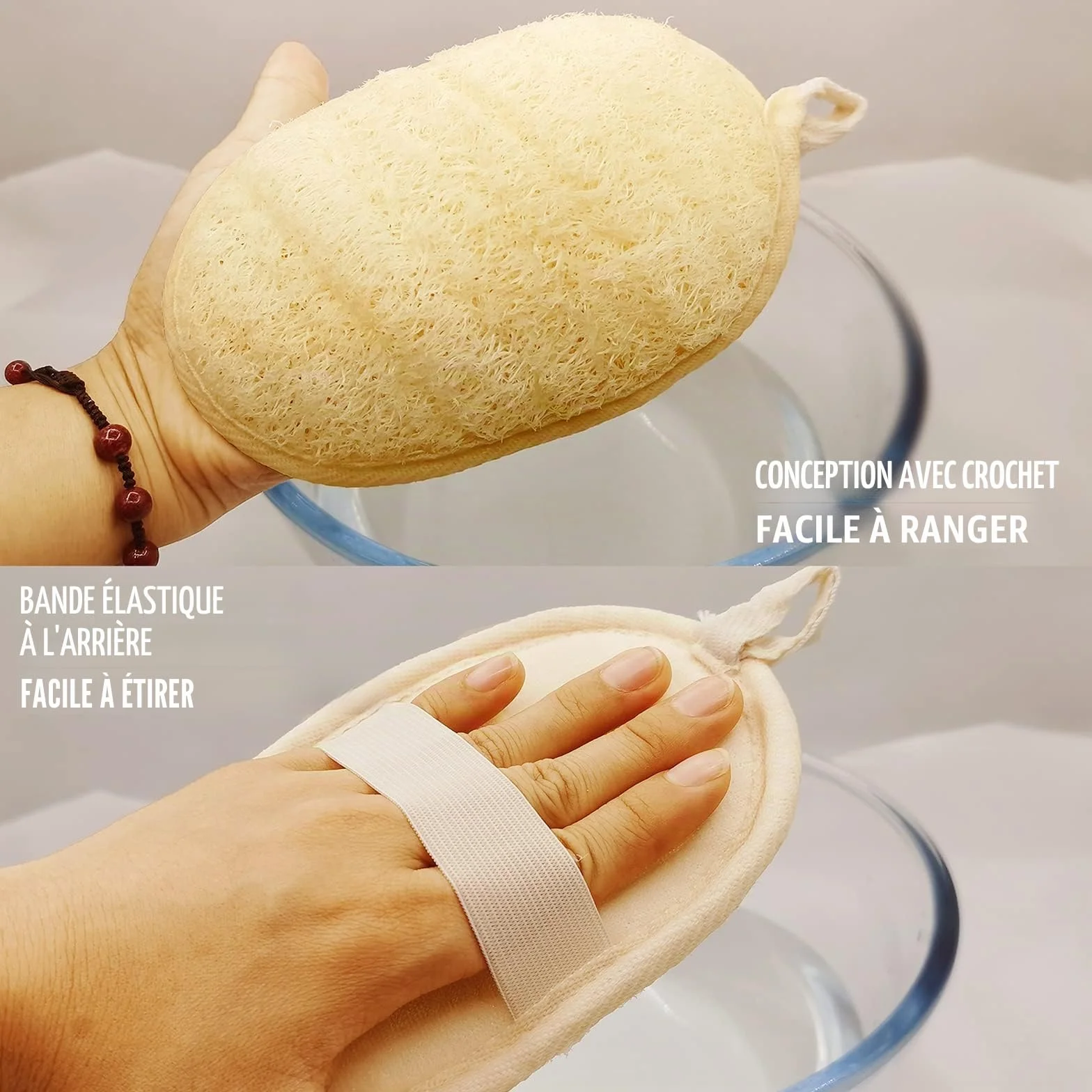 Éponge naturelle de luffa exfoliante pour le corps, paquet de 2, fibres végétales, beige