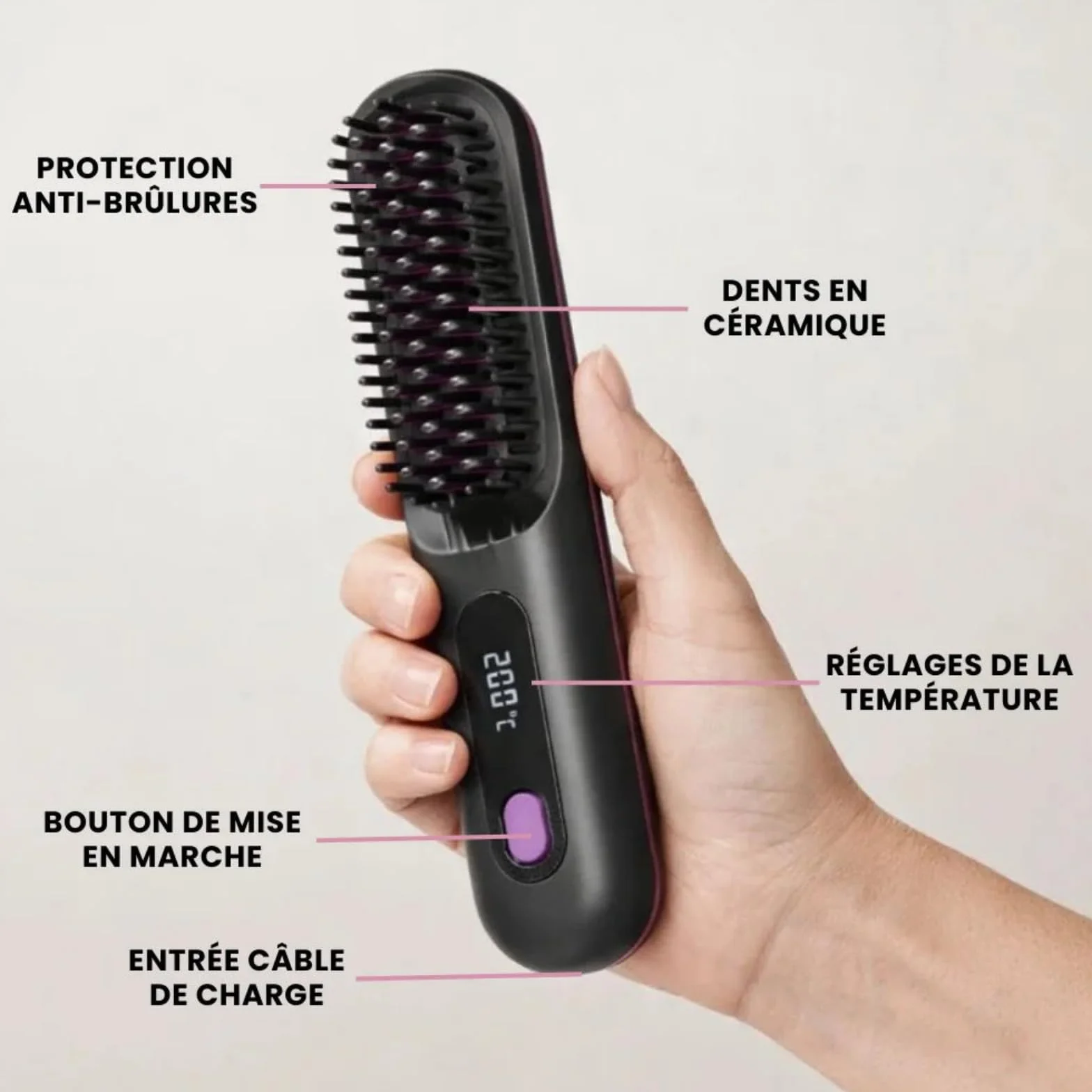 Cosylane Brosse Coiffante Lissante Sans Fil, 3 Niveaux de Chaleur, Écran LED, Chargement Type-C, Chauffage Instantané