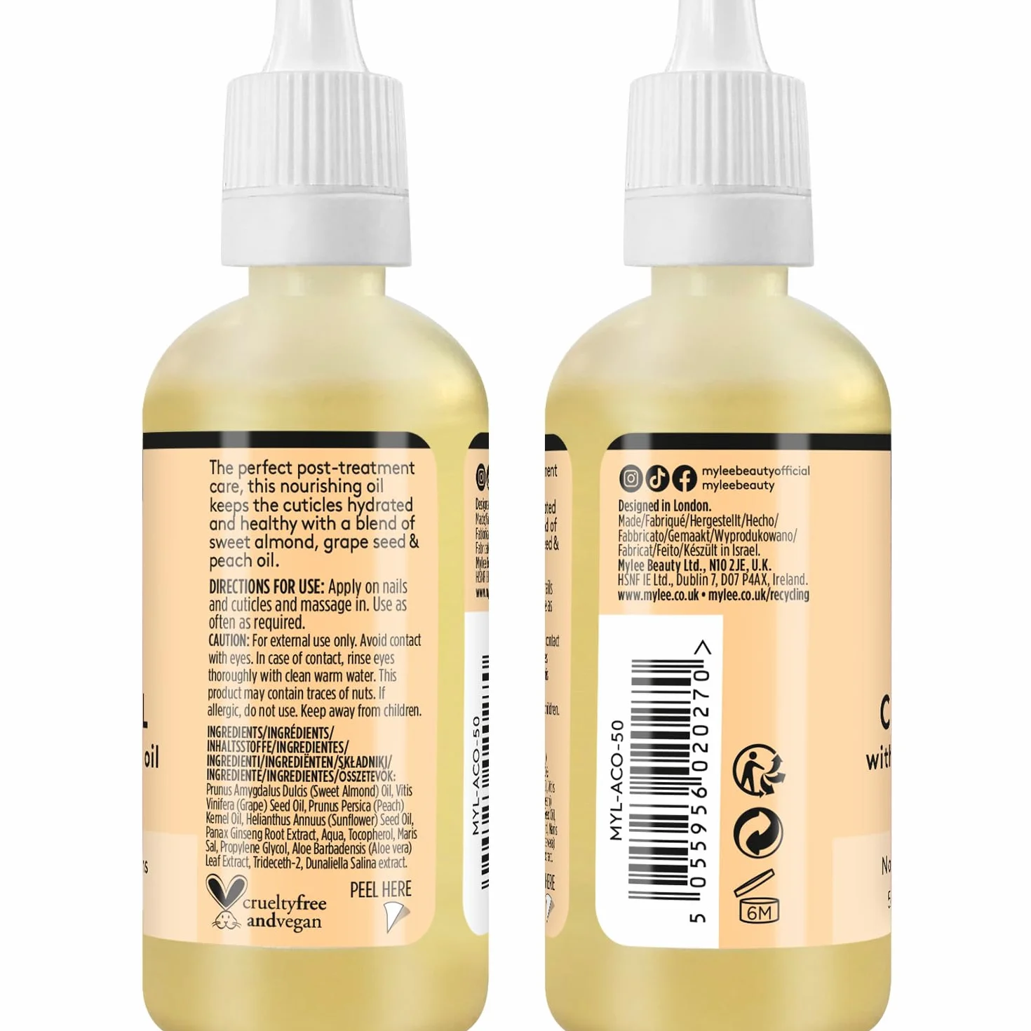 Mylee Huile pour Ongles et Cuticules à l'Amande Douce 50ml – Hydratation Nourrissante Non Grasse Sans Résidu