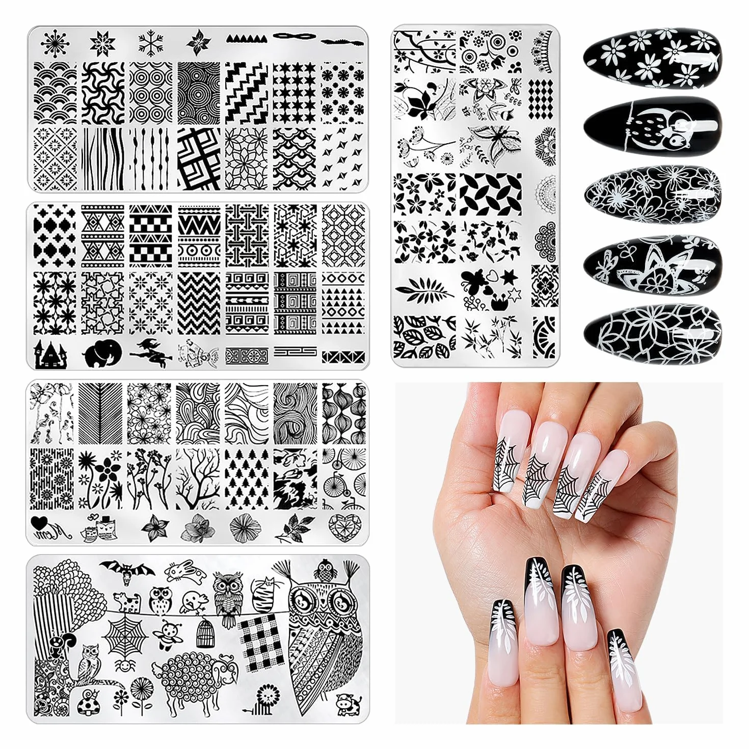 AIMEILI Nail Art Stamping Kit 5 Plaques 2 Silicone Tampons 2 Grattoir 15ml Latex Peel Off Tape