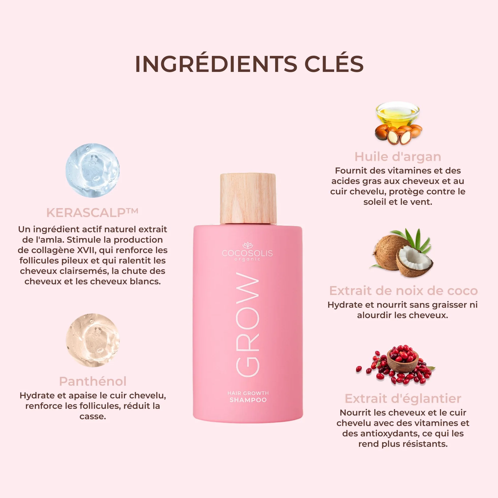 COCOSOLIS GROW Shampooing Croissance Cheveux Anti-Âge Vitamine E Principe Actif