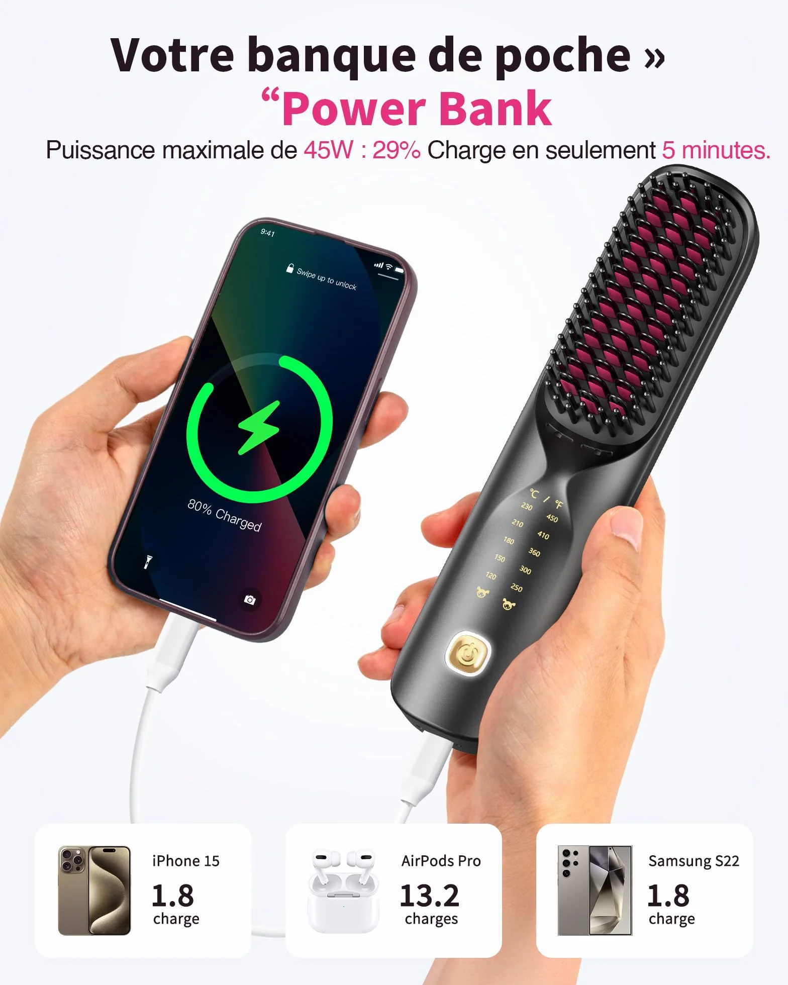 Bopcal Brosse Lissante Cheveux Sans Fil 10000mAh 3 en 1 Fer a Lisser 300 Millions d'Ions Négatifs Céramique Anti-Brûlure
