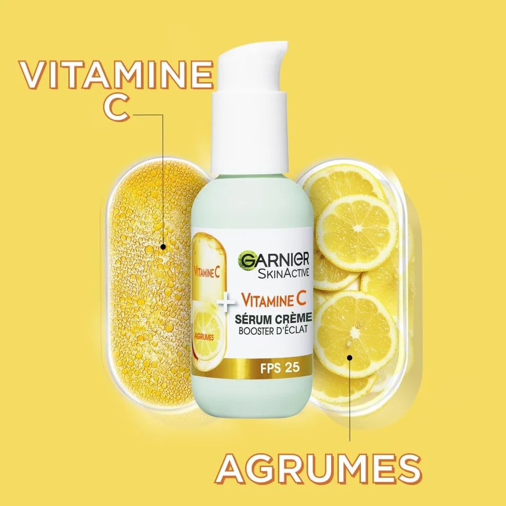 GARNIER Skin Active Sérum Crème Booster D'Éclat 2-En-1 Hydratation 72h FPS 25 Vitamine C 50 ml
