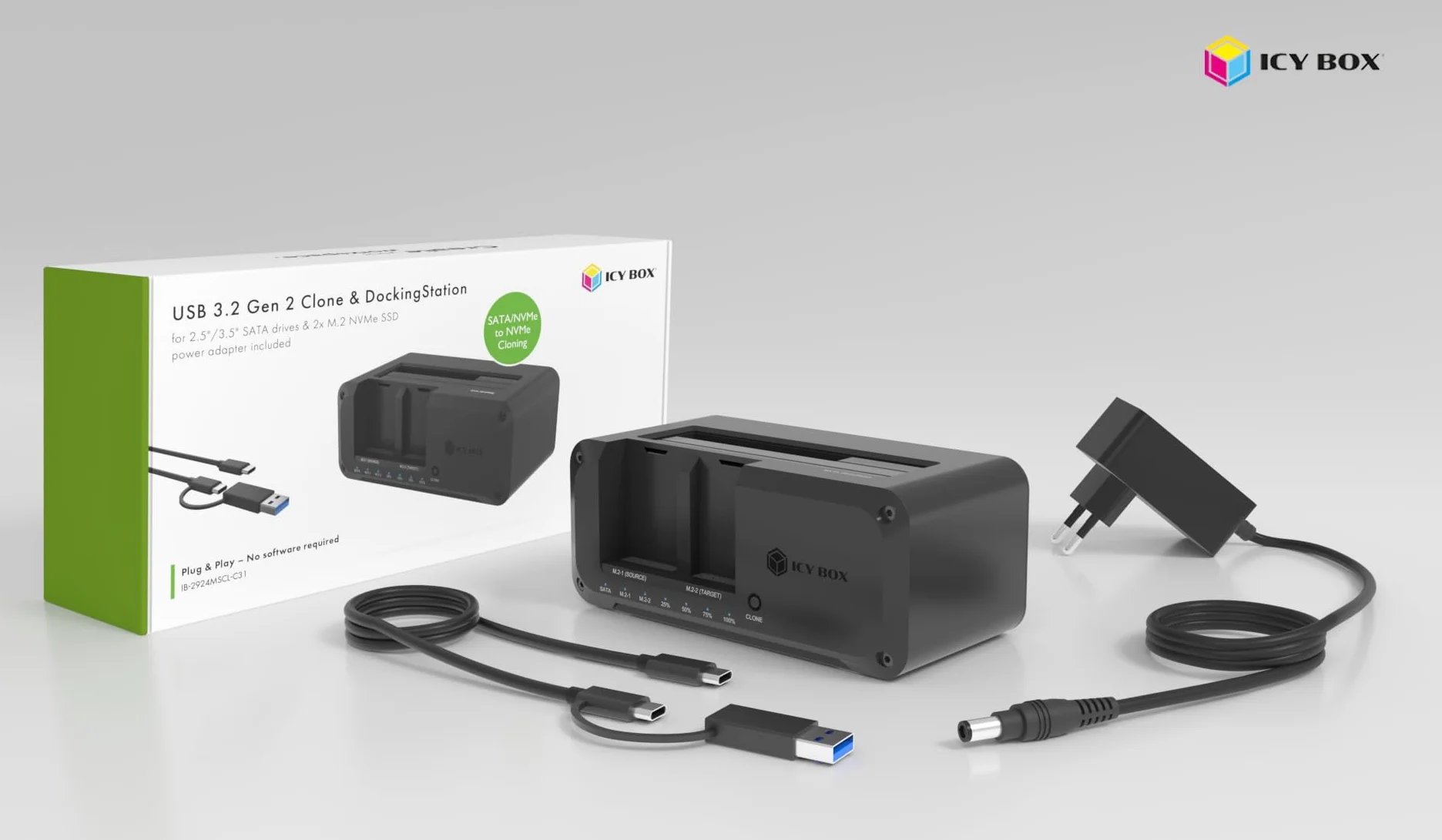 ICY BOX Station d'accueil M.2 NVMe SATA USB 3.2 10 Gbit/s clonage bidirectionnel