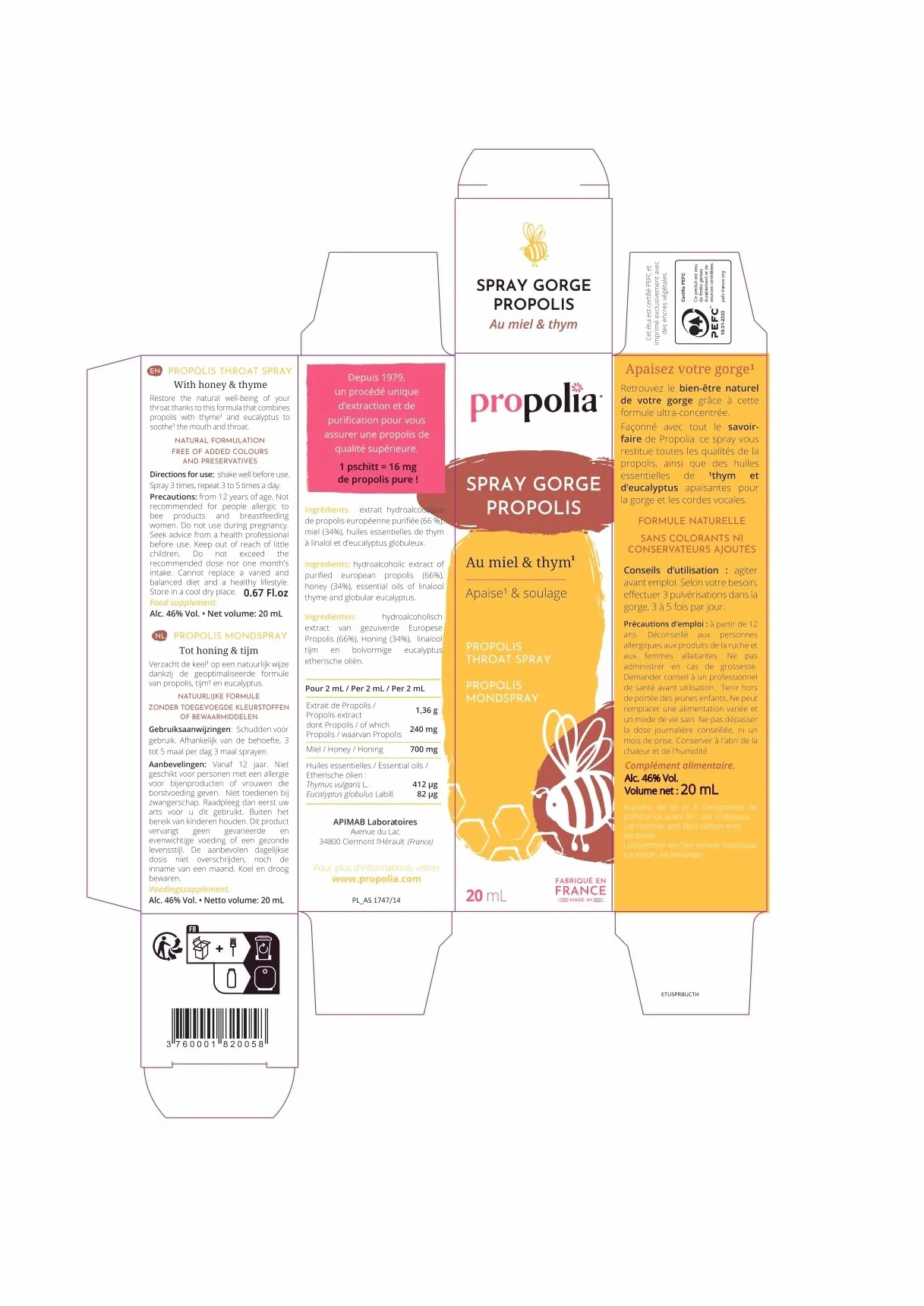 PROPOLIA Spray Gorge Propolis Miel Thym Eucalyptus 20 ml
