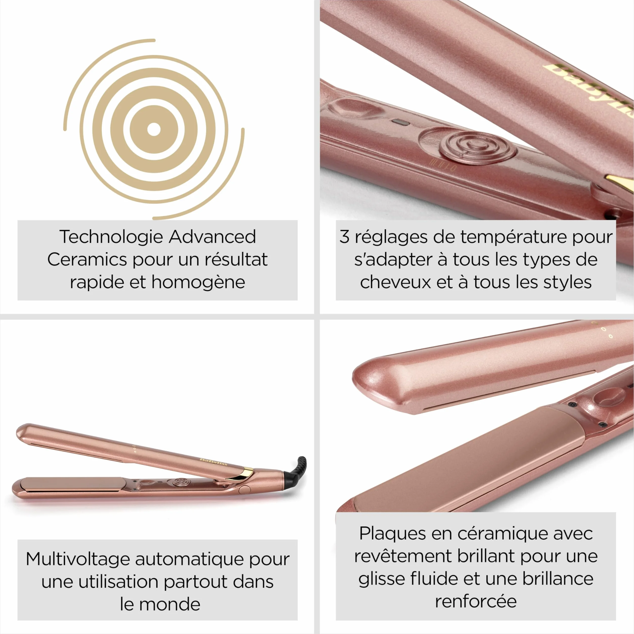 BaByliss Lisseur Cheveux Rose Gold 2598PE - Plaques Céramique, Multi-voltage, Chauffe 15s, 235°C