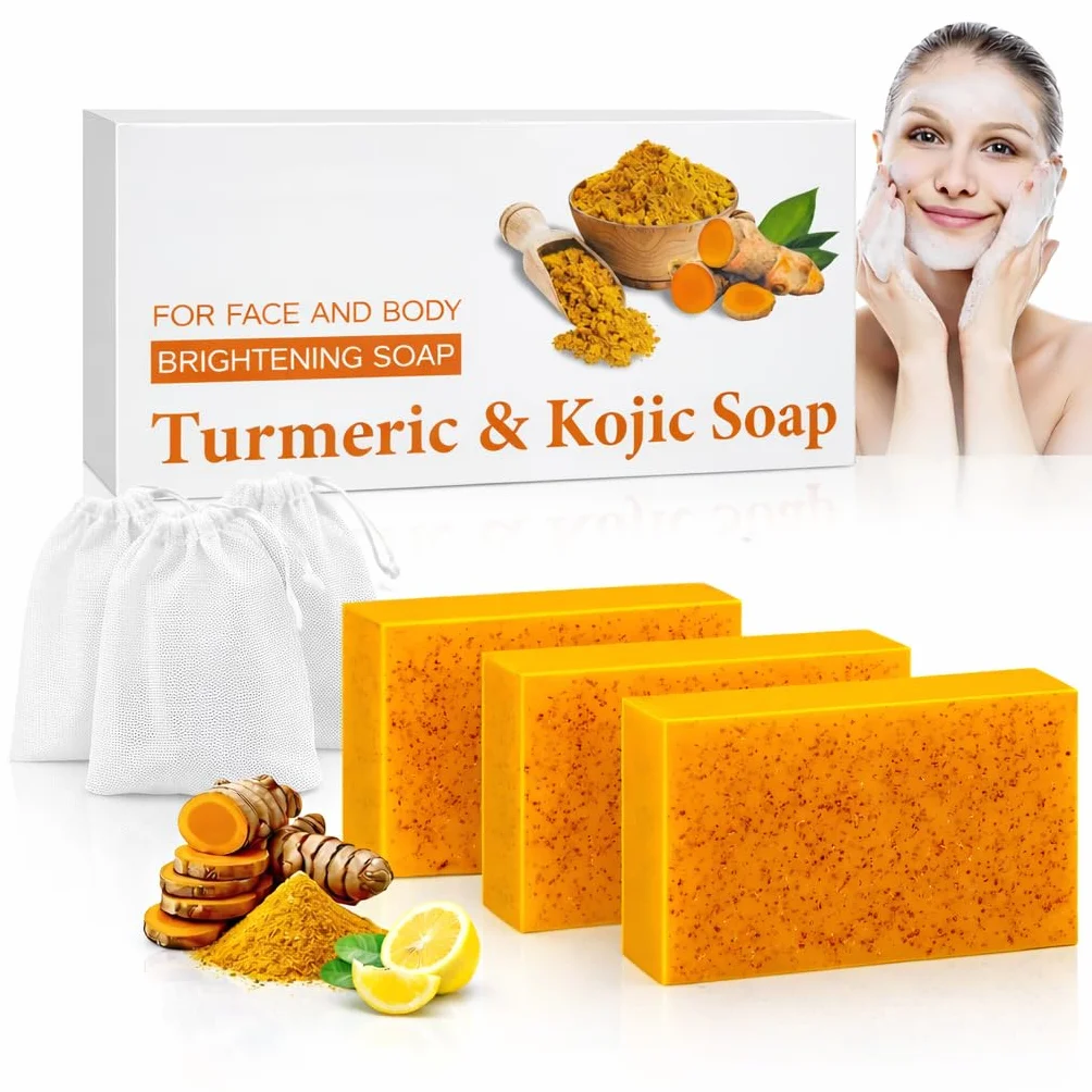 Savon Curcuma Visage et Corps Kojic Acid Soap Éclaircissant Anti-Taches Brunes Acné Hyperpigmentation Teint Uniforme Lot de 3
