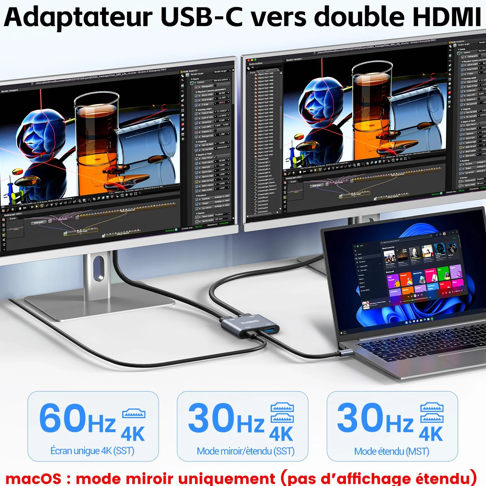 KiWiBiRD Double adaptateur HDMI pour 2 moniteurs 4K 100W PD HDCP USB C vers HDMI Splitter écran étendu