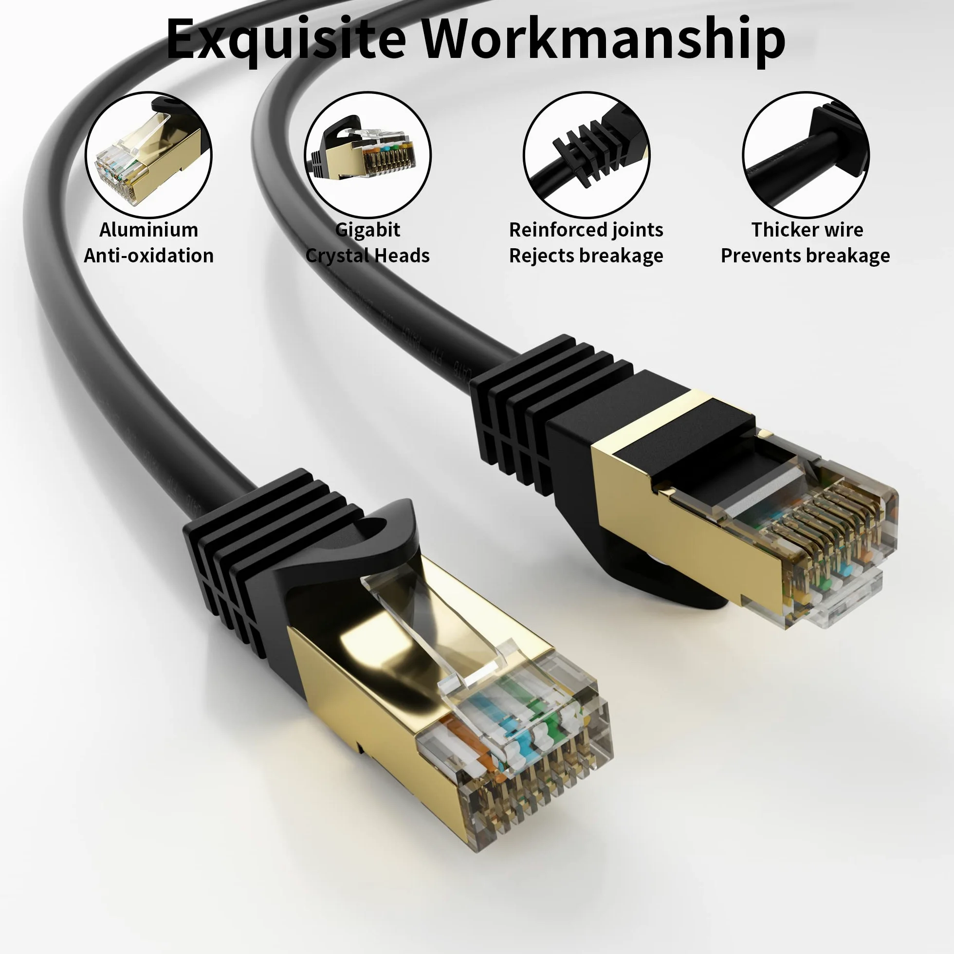 Câble Ethernet Cat 6 d'extérieur - Blindé - Haute vitesse - Gigabit - Câble réseau LAN 26 AWG - Connecteurs RJ45 plaqués or - Étanche Rond - Noir (Rond Noir, 100M)