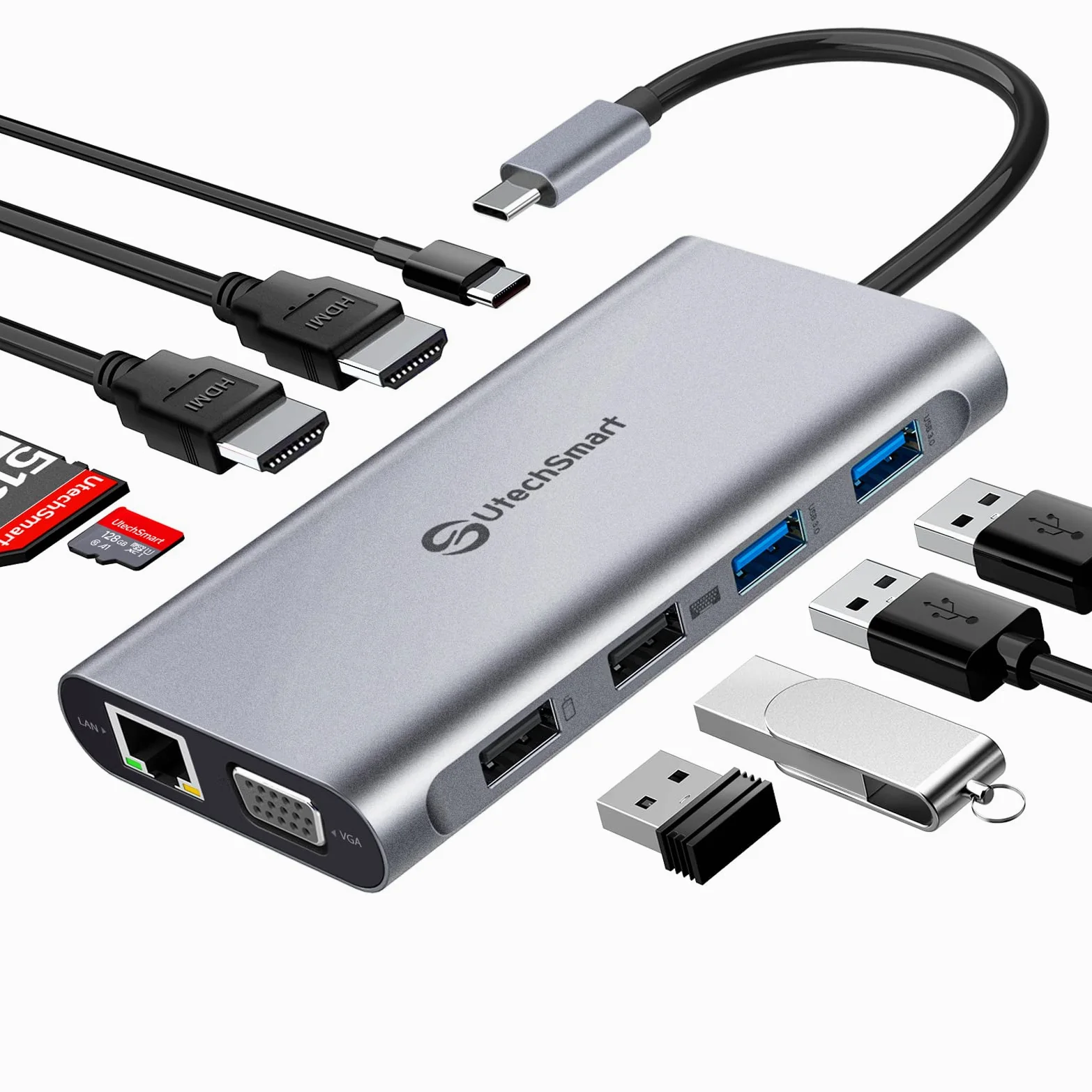 Hub USB C, Station d'accueil, UtechSmart 11 en 1 Triple Affichage USB C Hub Double 4K HDMI, VGA, Port de Charge PD 100 W, Lecteur de Carte SD TF, 4 Ports USB C Dock Compatible avec MacBook, Autres