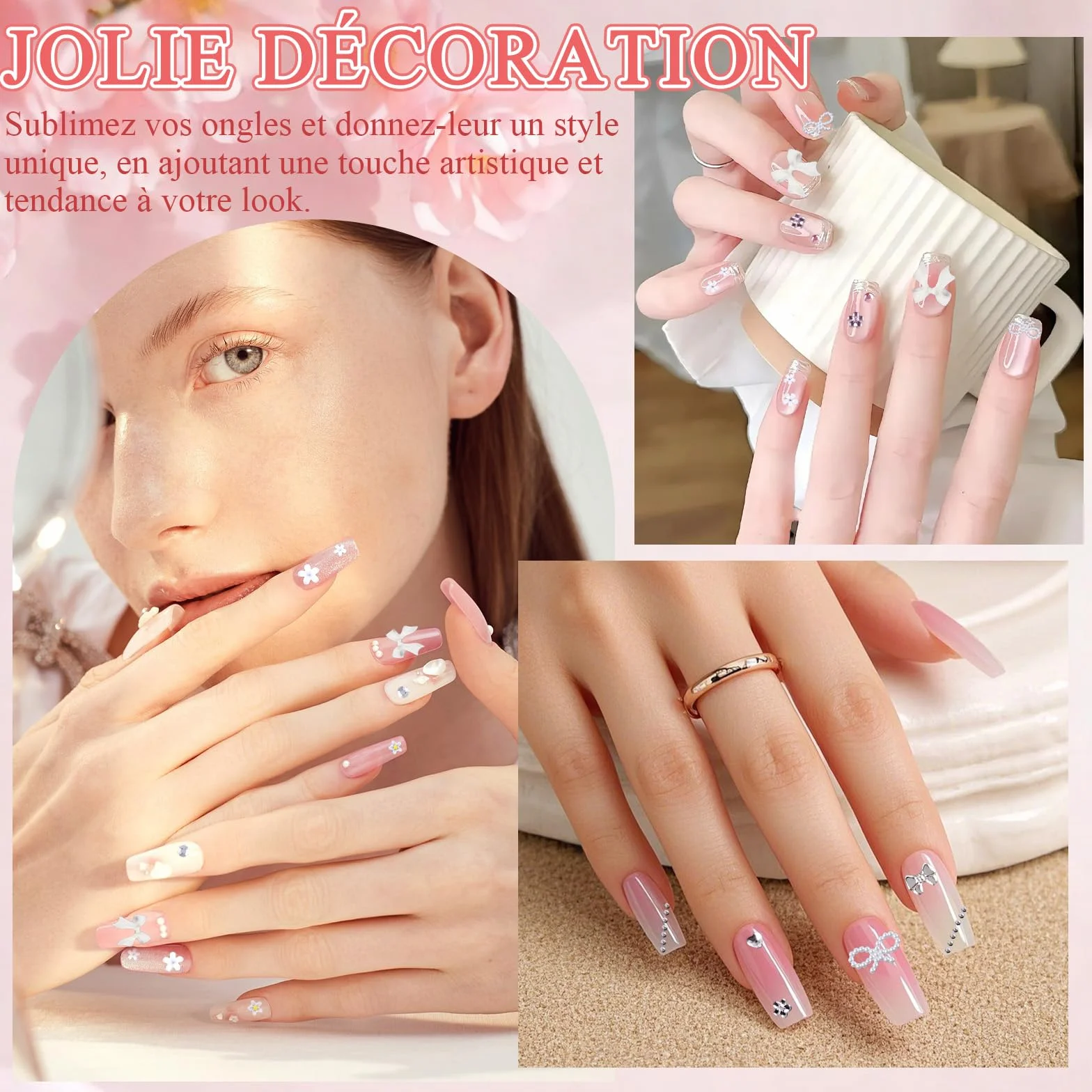 Lot de 7 Boîtes Strass Ongle Nail Art avec Bijoux Ongles, Décorations 3D, Stylo à Cire et Pinces