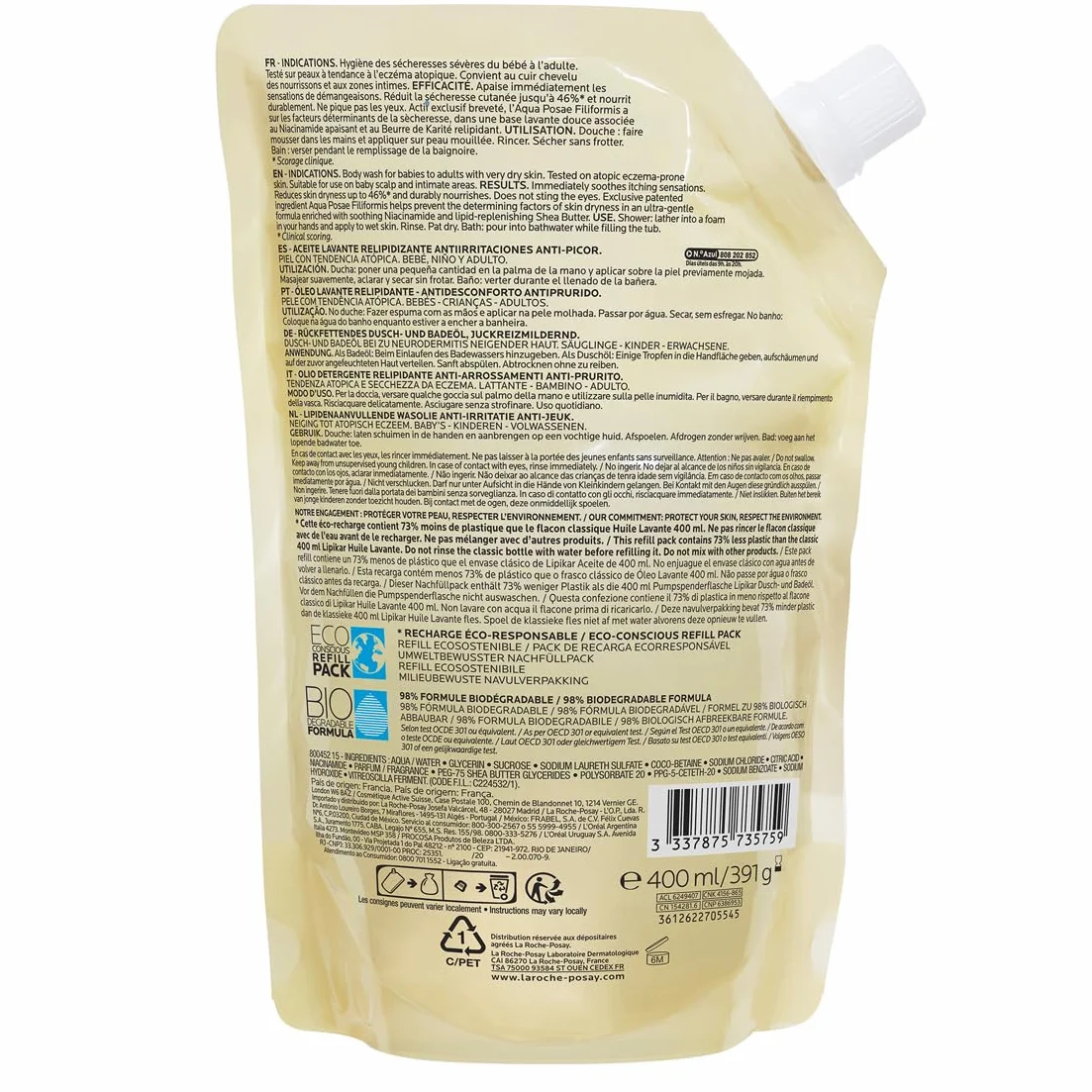 La Roche-Posay Lipikar Huile Lavante AP+ Recharge Huile de Douche Anti-irritation Peaux Sèches Atopique Eczéma Beurre de Karité Niacinamide