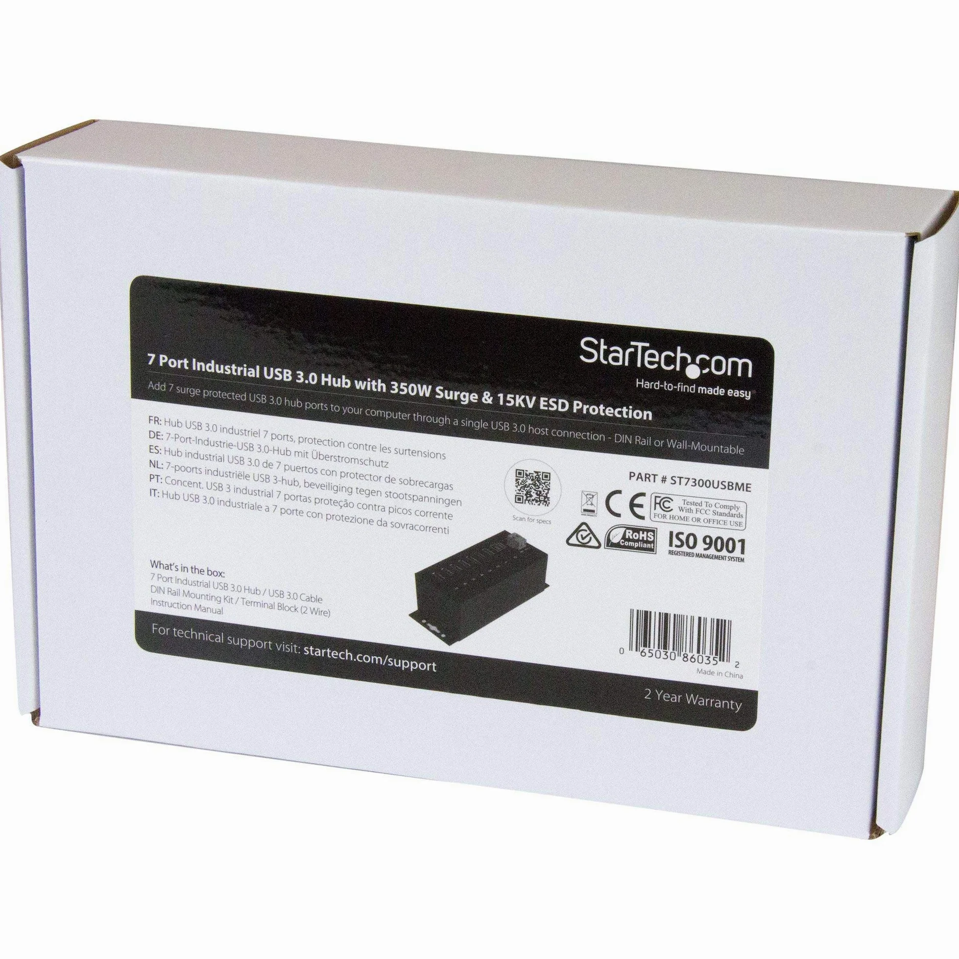StarTech Hub Industriel USB 3.0 7 Ports 5Gbps, ESD Surtension (HB30A7AME) | Alimentation externe, Protection 350W, Metal, Montage rail DIN, Dock
