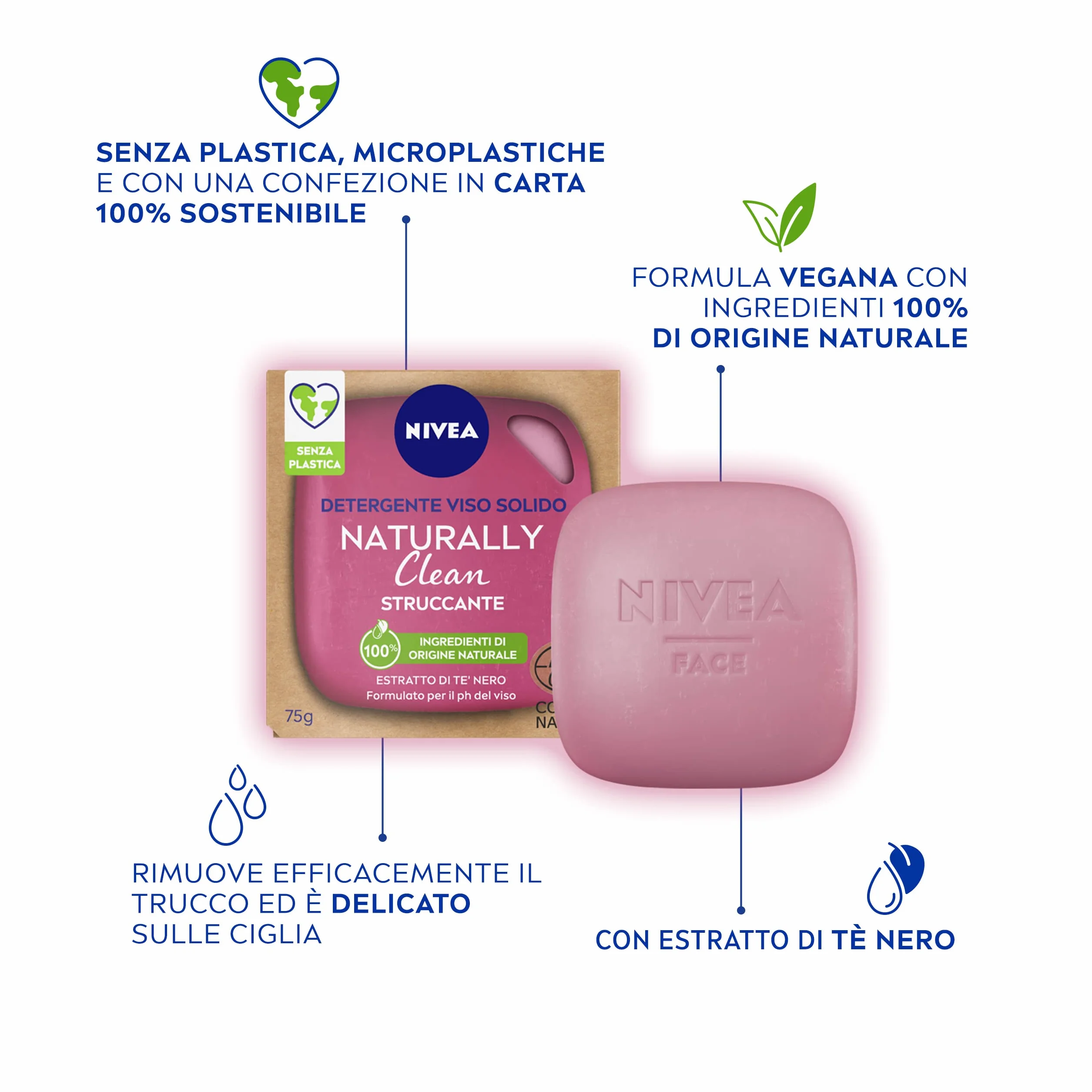 NIVEA NATURALLY CLEAN Démaquillant visage solide 75 g extrait thé noir formule végétalienne