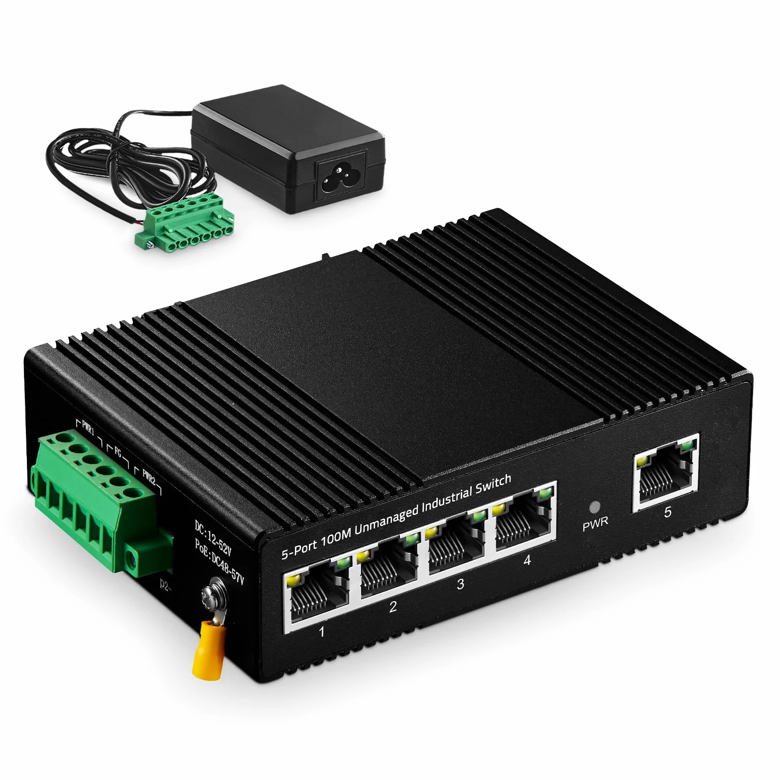 Binardat Switch Ethernet Industriel 5 Ports sur Rail DIN, 4 Ports et 1 Liaison Montante 10/100 Mbps, Montage Mural sans Ventilateur, avec Une Alimentation