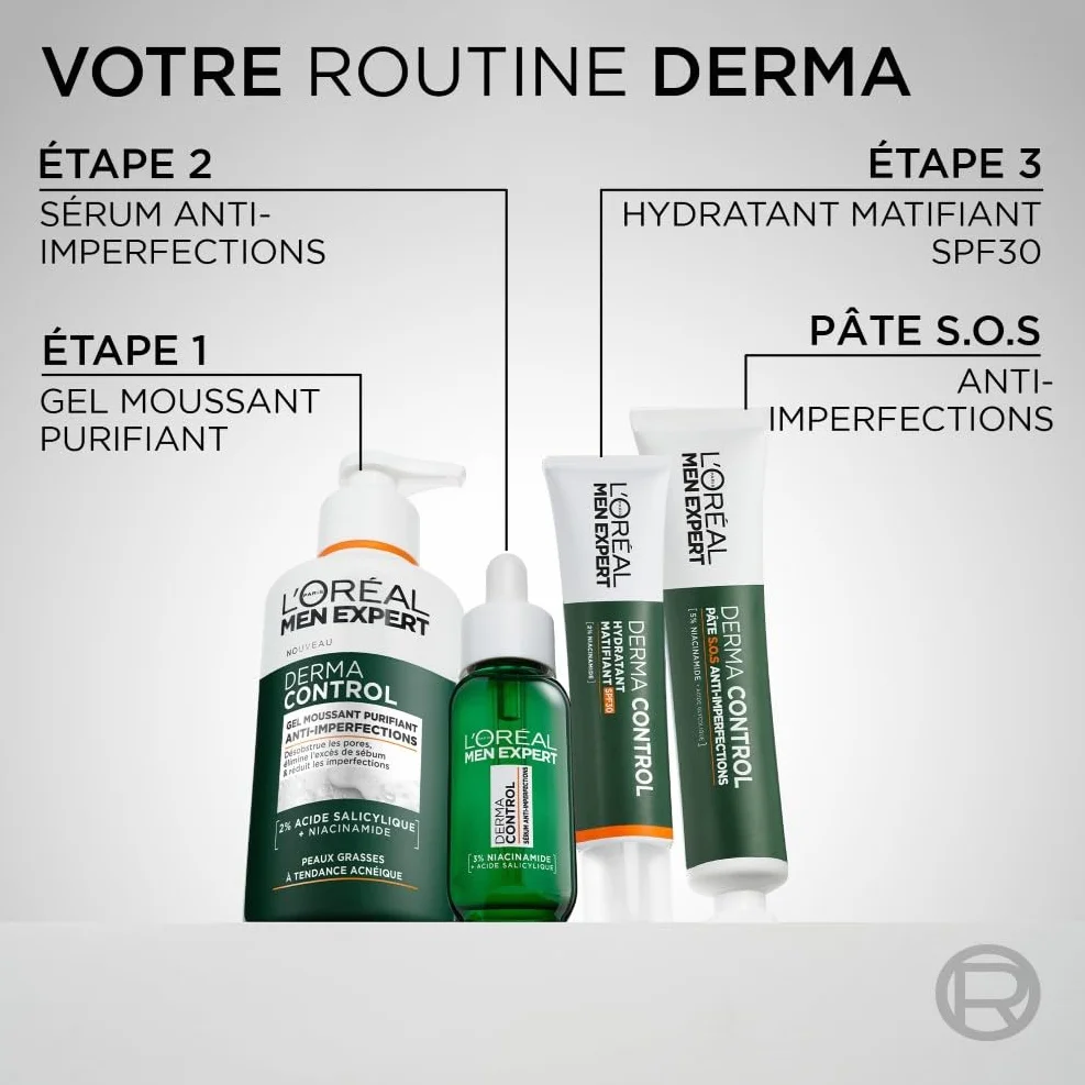 L'Oréal Men Expert Derma Control Pâte S.O.S Anti-Imperfections Soin Localisé Anti-Boutons Masque Purifiant Niacinamide Acide Glycolique 45 ml