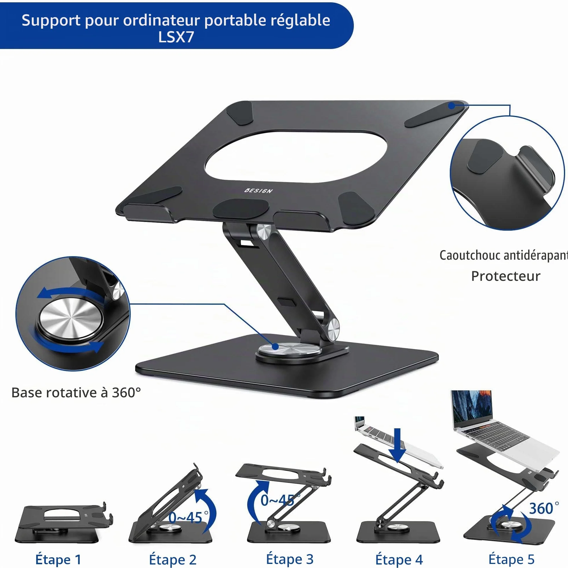 BESIGN LSX7 Support Ordinateur Portable Base Rotative 360° Ergonomique Compatible 10-15.6 Pouces Noir