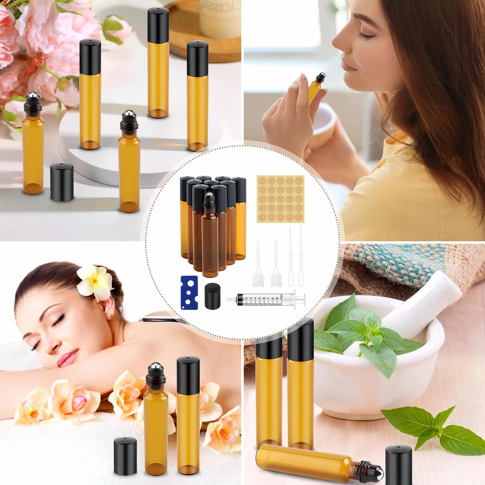 Bouteilles à Huile Essentielle en Verre 10ml Flacons Roll-on Rechargeable Marron Vide pour Aromathérapie Massage
