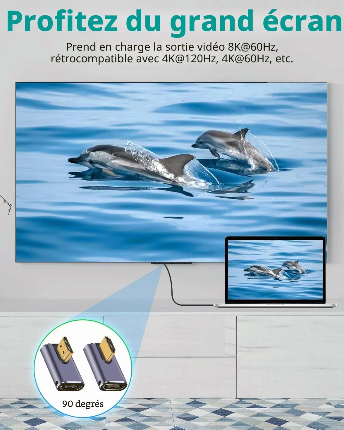 Duttek Adaptateur HDMI coudé 8K 90 degrés 48Gbps UHD 2.1 mâle vers femelle