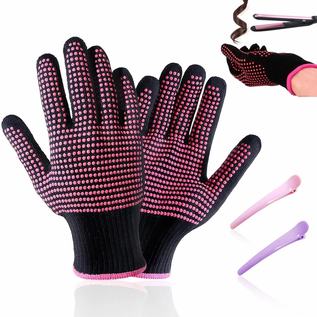Gants professionnels résistants à la chaleur pour coiffer les cheveux, fer à friser, fer à lisser, 2 paires + 2 barrettes