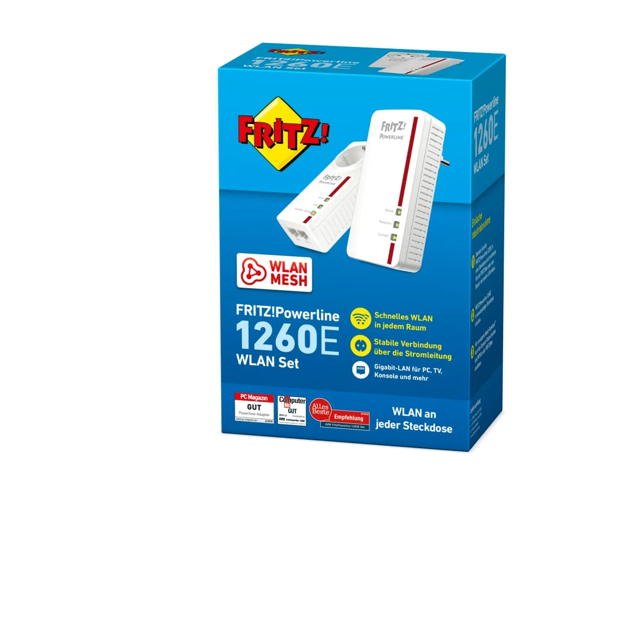 AVM Fritz Powerline 1260E/1220E WLAN Set (point d'accès WLAN, idéal pour le streaming multimédia ou les connexions NAS, 1200 Mbit / s, version en langue allemande) Blanc