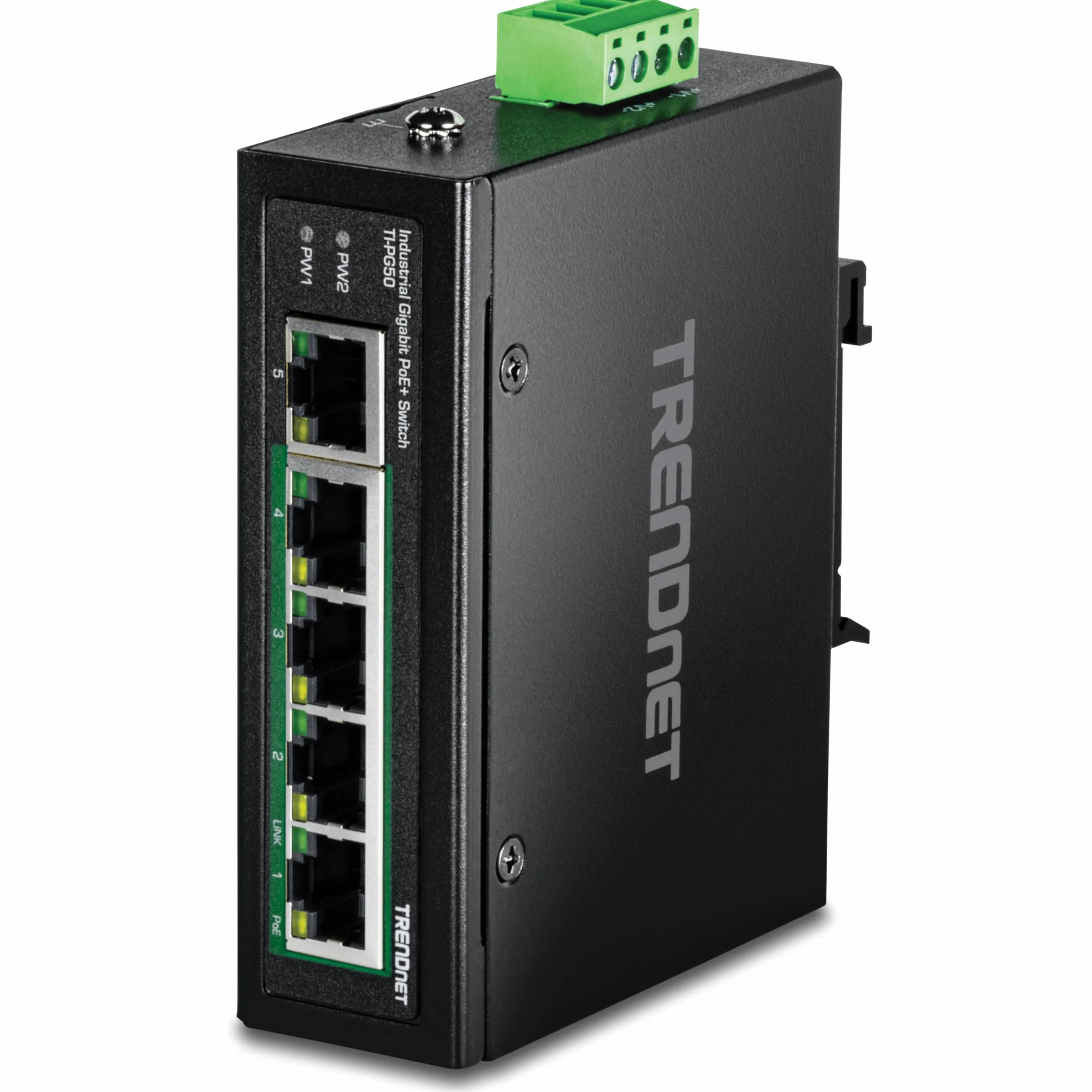 TRENDnet, TI-PG50, Commutateur Gigabit Industriel renforcé Non géré à 5 Ports, 10/100/1000 Mbps, commutateur sur Rail DIN, 4 Ports Gigabit PoE+, 1 Port Gigabit